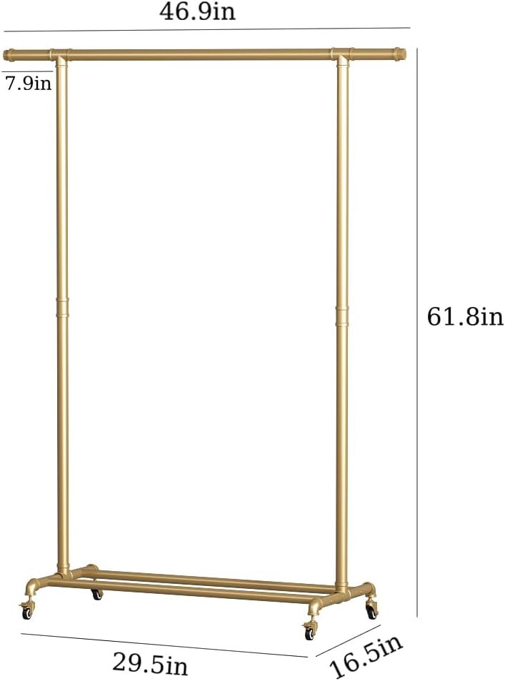 Industrial Pipe Clothing Rack, Heavy Duty Metal Clothes Rack With Wheels, Rolling Garment Rack with Bottom Shelf for Home Boutique Use (Gold)