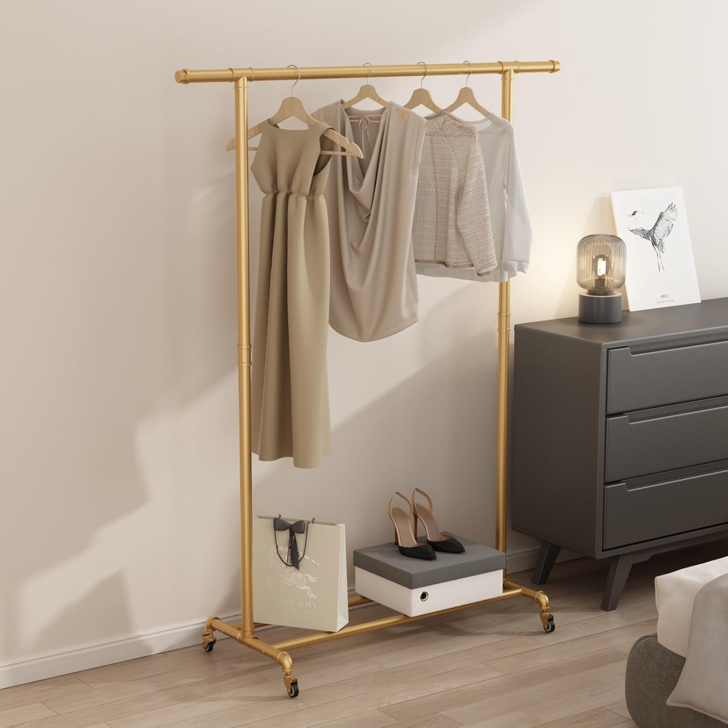 Industrial Pipe Clothing Rack, Heavy Duty Metal Clothes Rack With Wheels, Rolling Garment Rack with Bottom Shelf for Home Boutique Use (Gold)