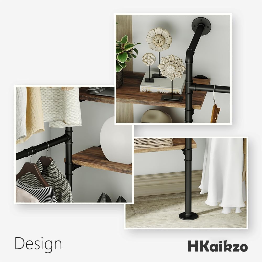 Industrial Pipe Clothes Rack, DÉCOR Wall Mounted Clothing Rack, for Walk-in Wardrobe Multi-Purpose Storage Clothes Hanging Shelf, 2 Installation Methods