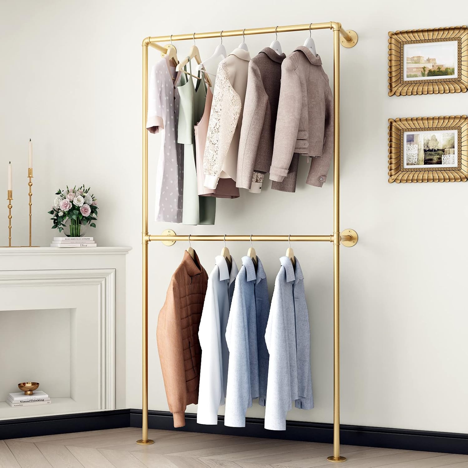 Industrial Pipe Clothes Racks with Black Shelves, Industrial Pipe Black Clothing Rack with Double Hanging Rods, Heavy Duty Wall Mounted Clothing Rack Rod for Closet Storage, Bedroom
