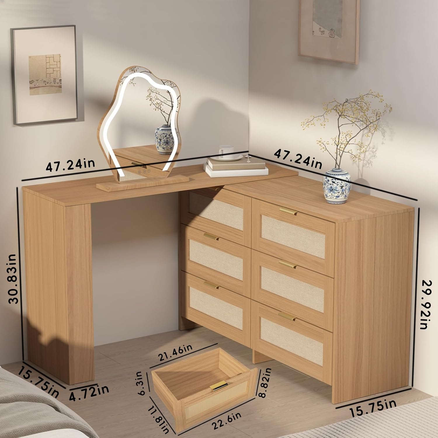 Rattan Makeup Vanity Set with LED HD Lighted Mirror,50-90in Extendable Mid-Century Modern Vanity Table, 6-Drawer Solid Storage Cabinet, Bedroom Dressing Table.