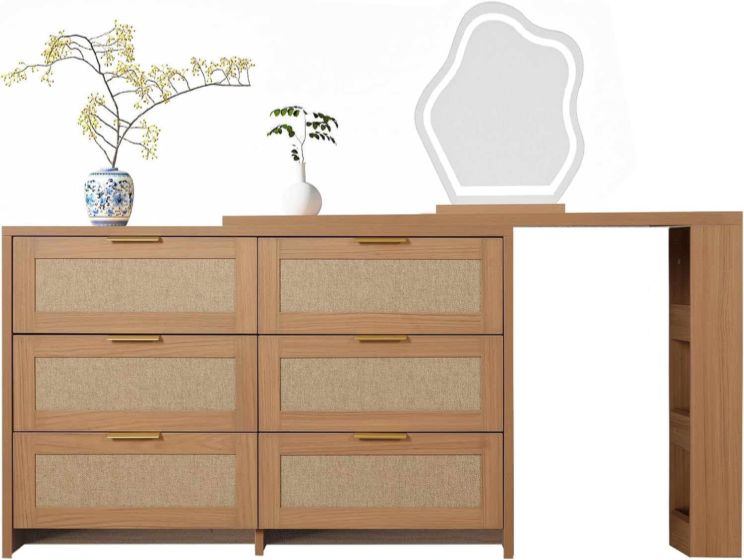 Rattan Makeup Vanity Set with LED HD Lighted Mirror,50-90in Extendable Mid-Century Modern Vanity Table, 6-Drawer Solid Storage Cabinet, Bedroom Dressing Table.