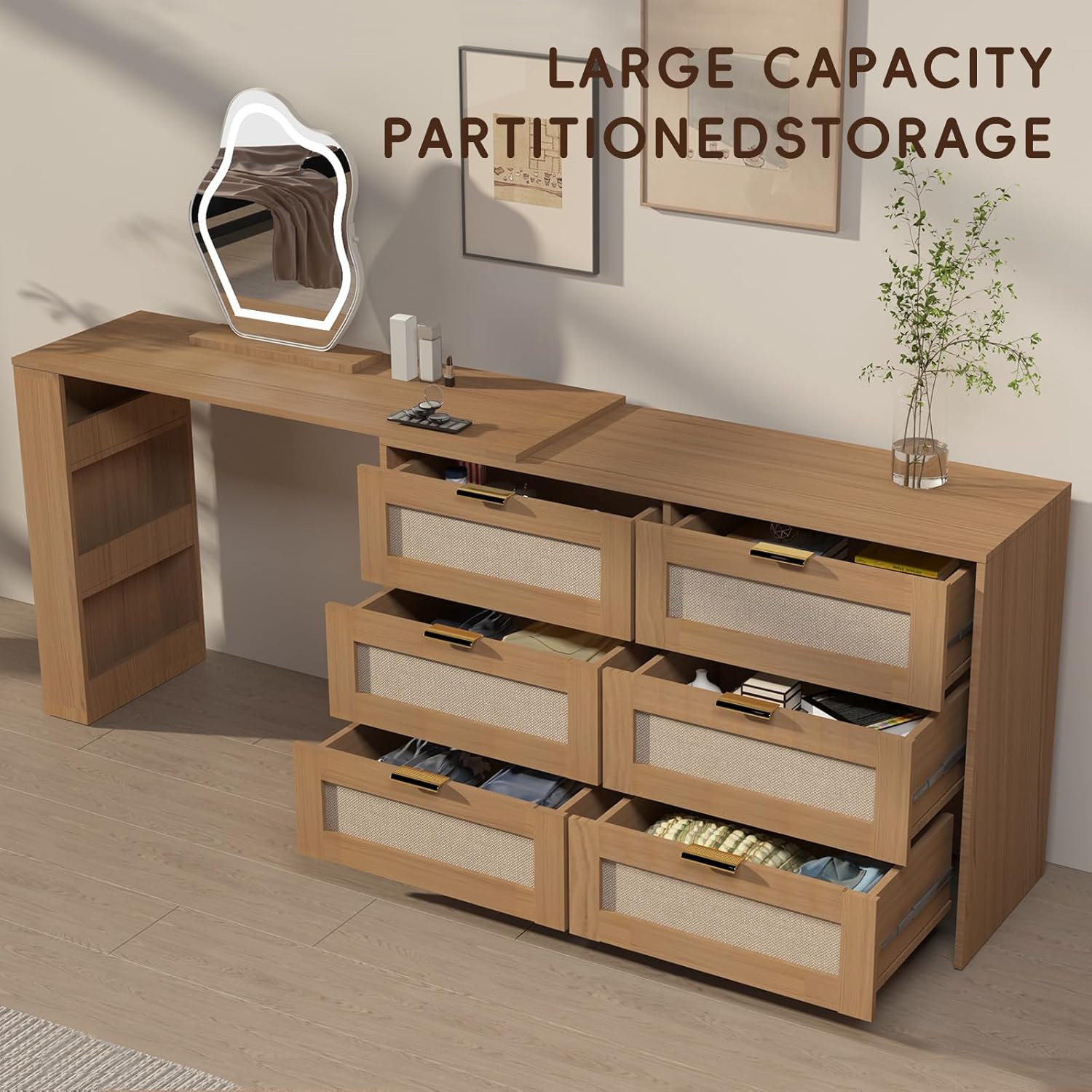 Rattan Makeup Vanity Set with LED HD Lighted Mirror,50-90in Extendable Mid-Century Modern Vanity Table, 6-Drawer Solid Storage Cabinet, Bedroom Dressing Table.
