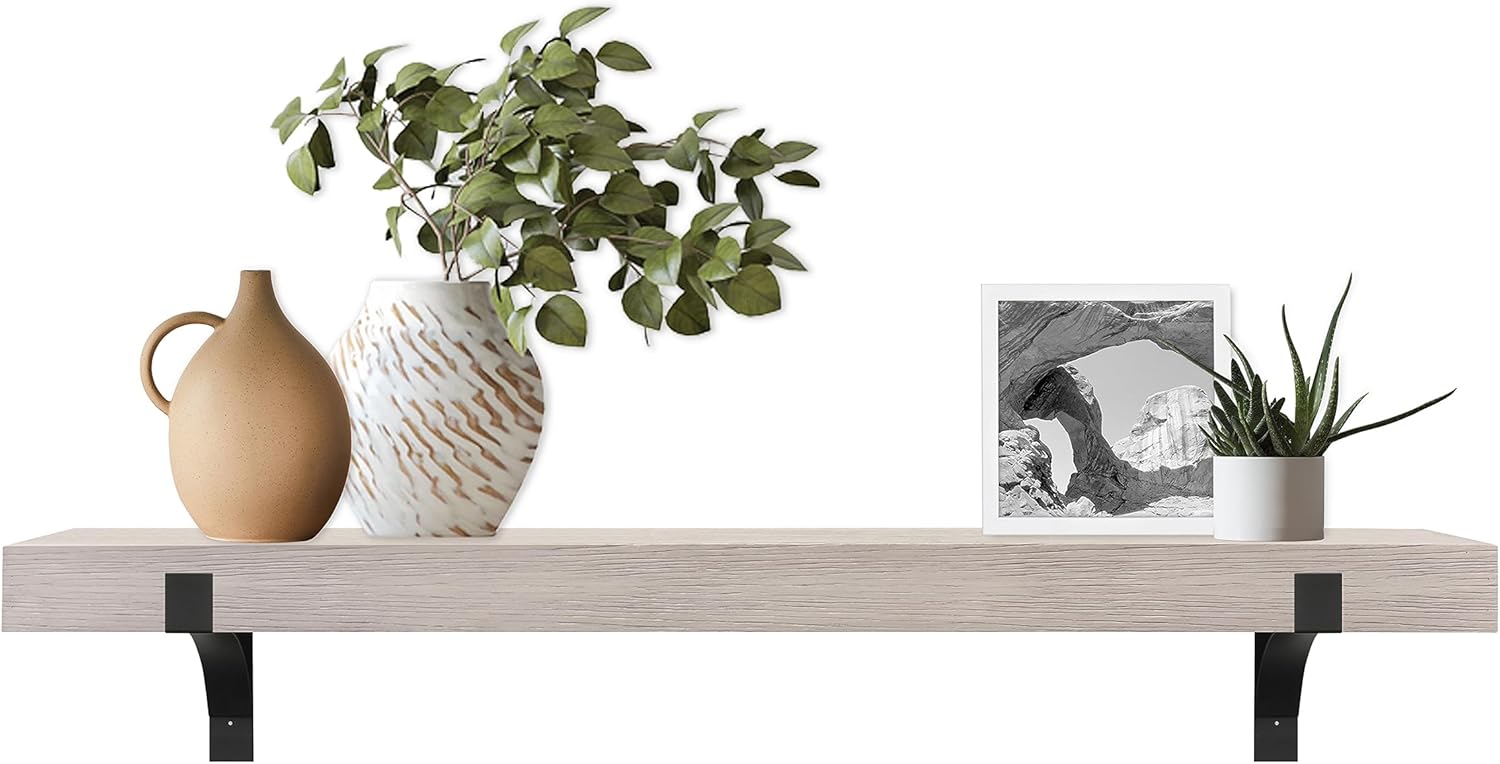MCS Master & Co. Modern Floating Fireplace Mantel with Black Metal Brackets, Long Floating Shelves for Wall Décor, 60 inches, Natural Woodgrain