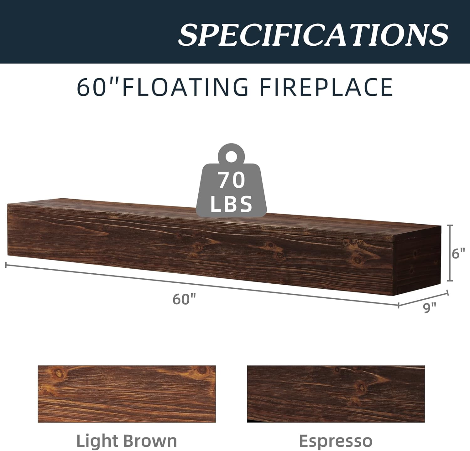 60" Rustic Fireplace Mantle Shelf, Wood Mantles for Over Fireplace, Wall Mounted Farmhouse Fireplace Mantel Shelf, Floating Fireplace Mantels, Espresso