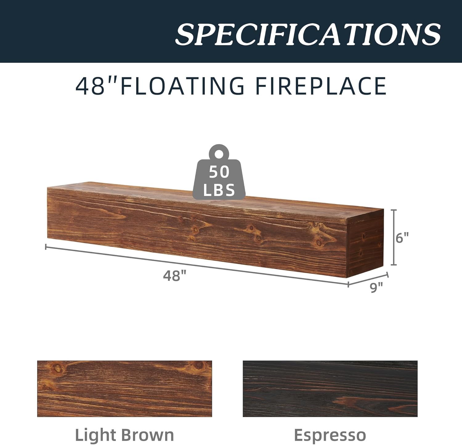 48" Rustic Cedar Fireplace Mantel & Floating Mantle Shelf-Wall-Mounted Wood Mantel with 50 lbs Load Capacity,Invisible Bracket,Anthropological Furniture-Inspired Design for Home Decor (Light Brown)