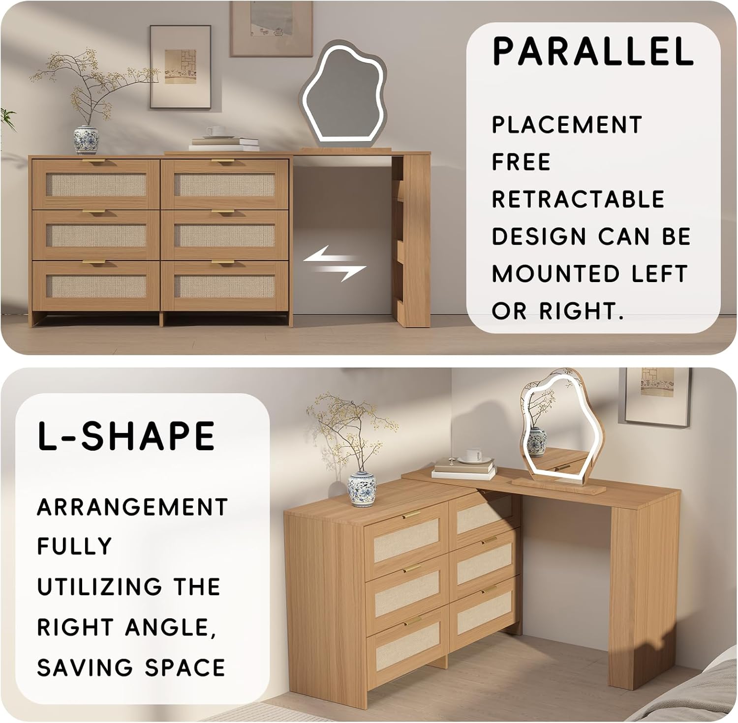 Rattan Makeup Vanity Set with LED HD Lighted Mirror,50-90in Extendable Mid-Century Modern Vanity Table, 6-Drawer Solid Storage Cabinet, Bedroom Dressing Table.