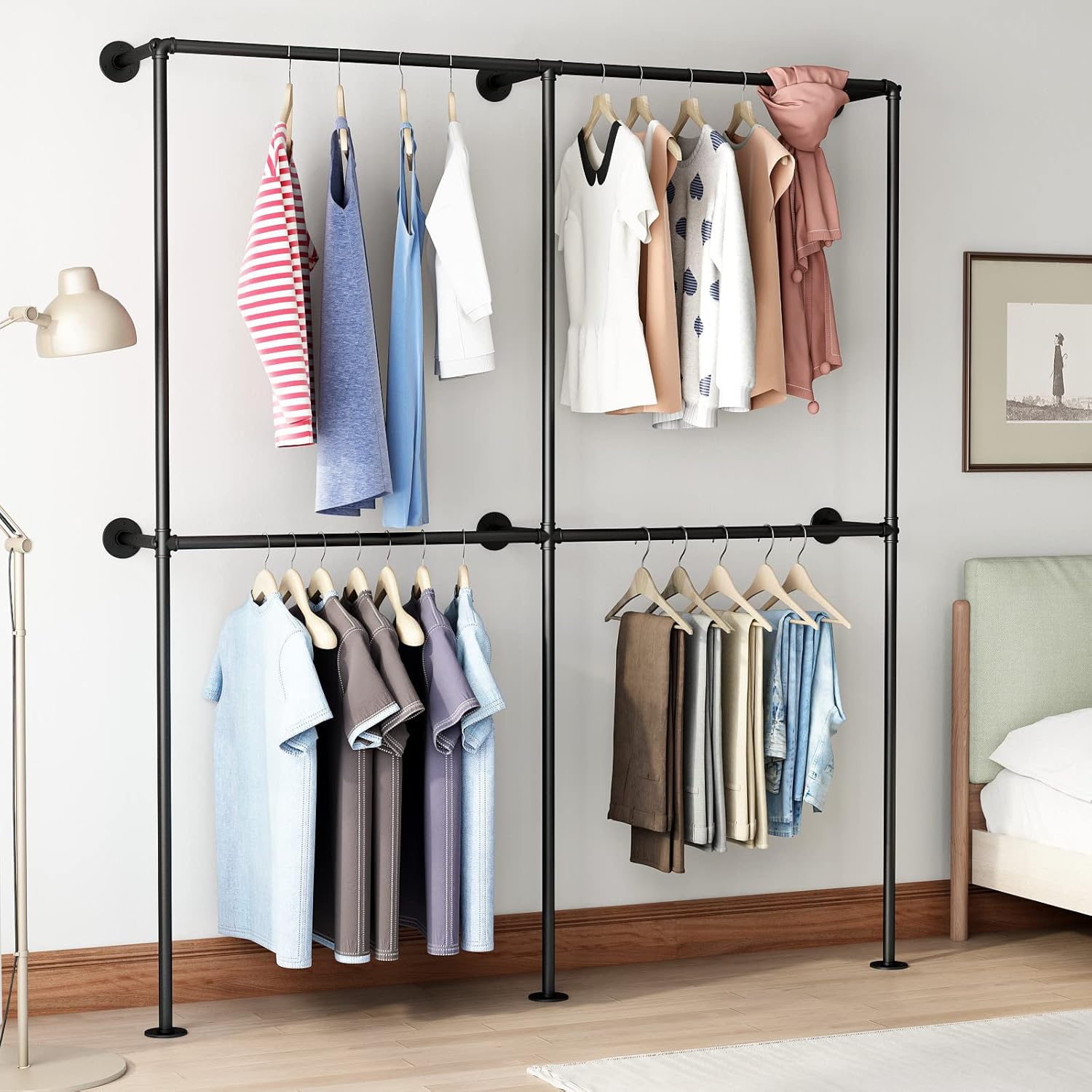 Industrial Pipe Clothes Racks with Black Shelves, Industrial Pipe Black Clothing Rack with Double Hanging Rods, Heavy Duty Wall Mounted Clothing Rack Rod for Closet Storage, Bedroom
