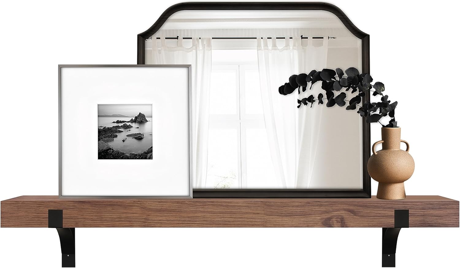 MCS Master & Co. Modern Floating Fireplace Mantel with Black Metal Brackets, Long Floating Shelves for Wall Décor, 60 inches, Natural Woodgrain