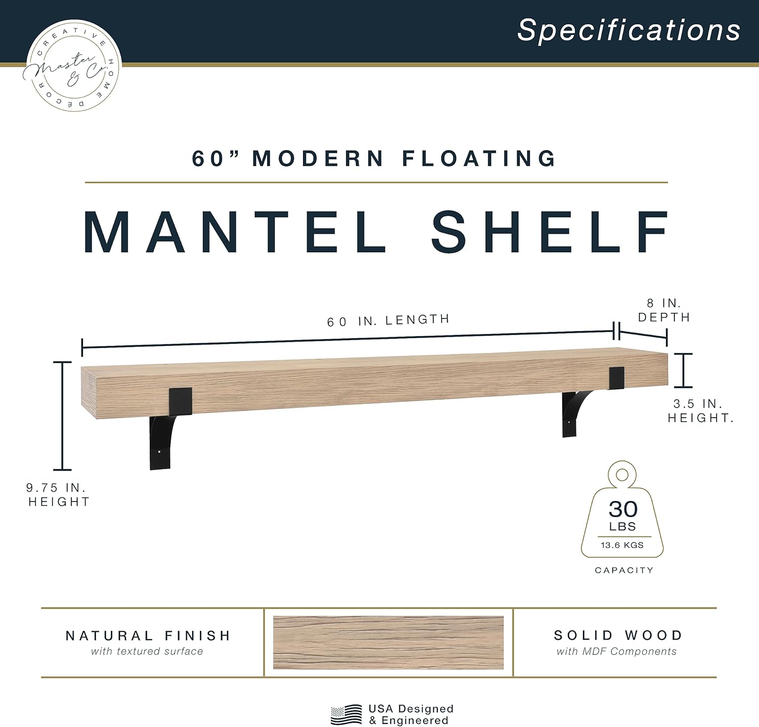 MCS Master & Co. Modern Floating Fireplace Mantel with Black Metal Brackets, Long Floating Shelves for Wall Décor, 60 inches, Natural Woodgrain