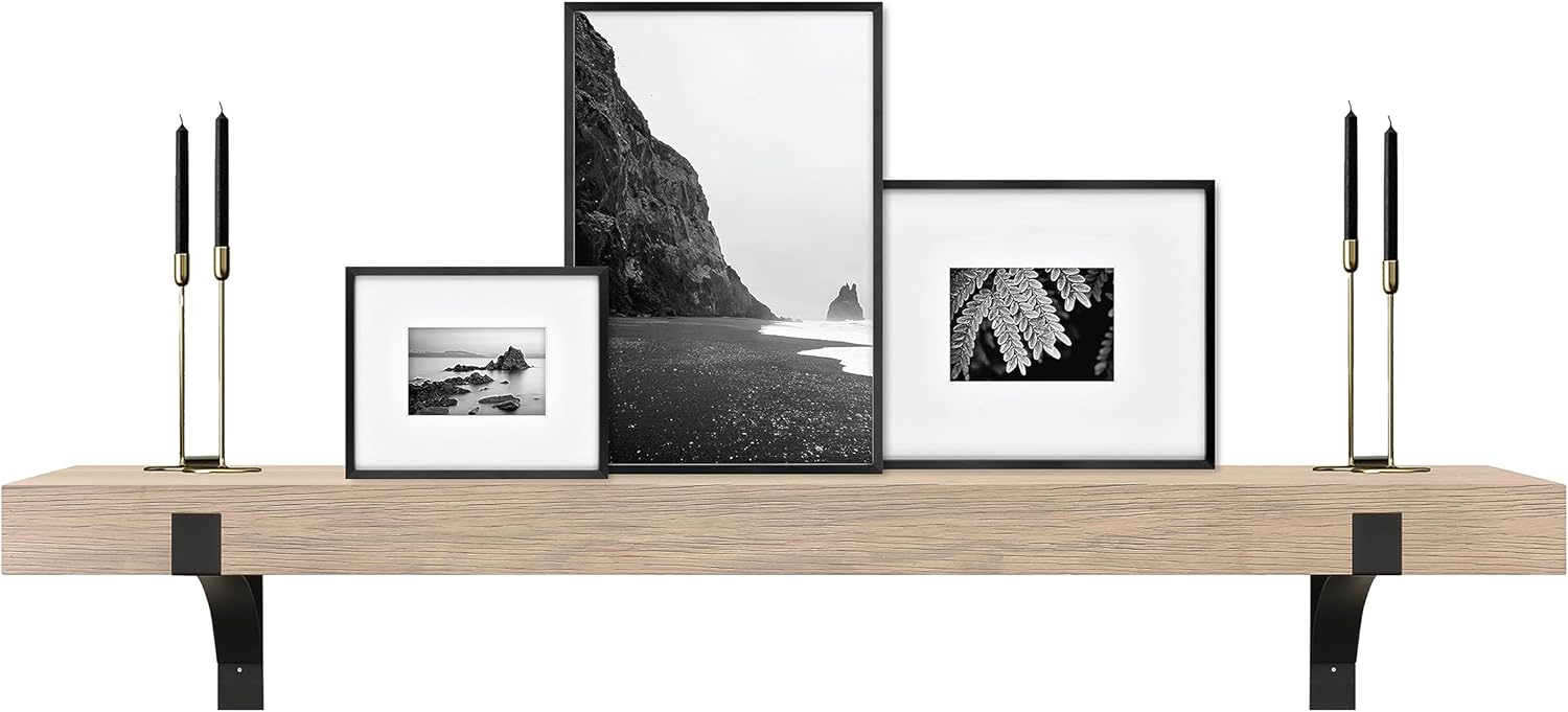 MCS Master & Co. Modern Floating Fireplace Mantel with Black Metal Brackets, Long Floating Shelves for Wall Décor, 60 inches, Natural Woodgrain