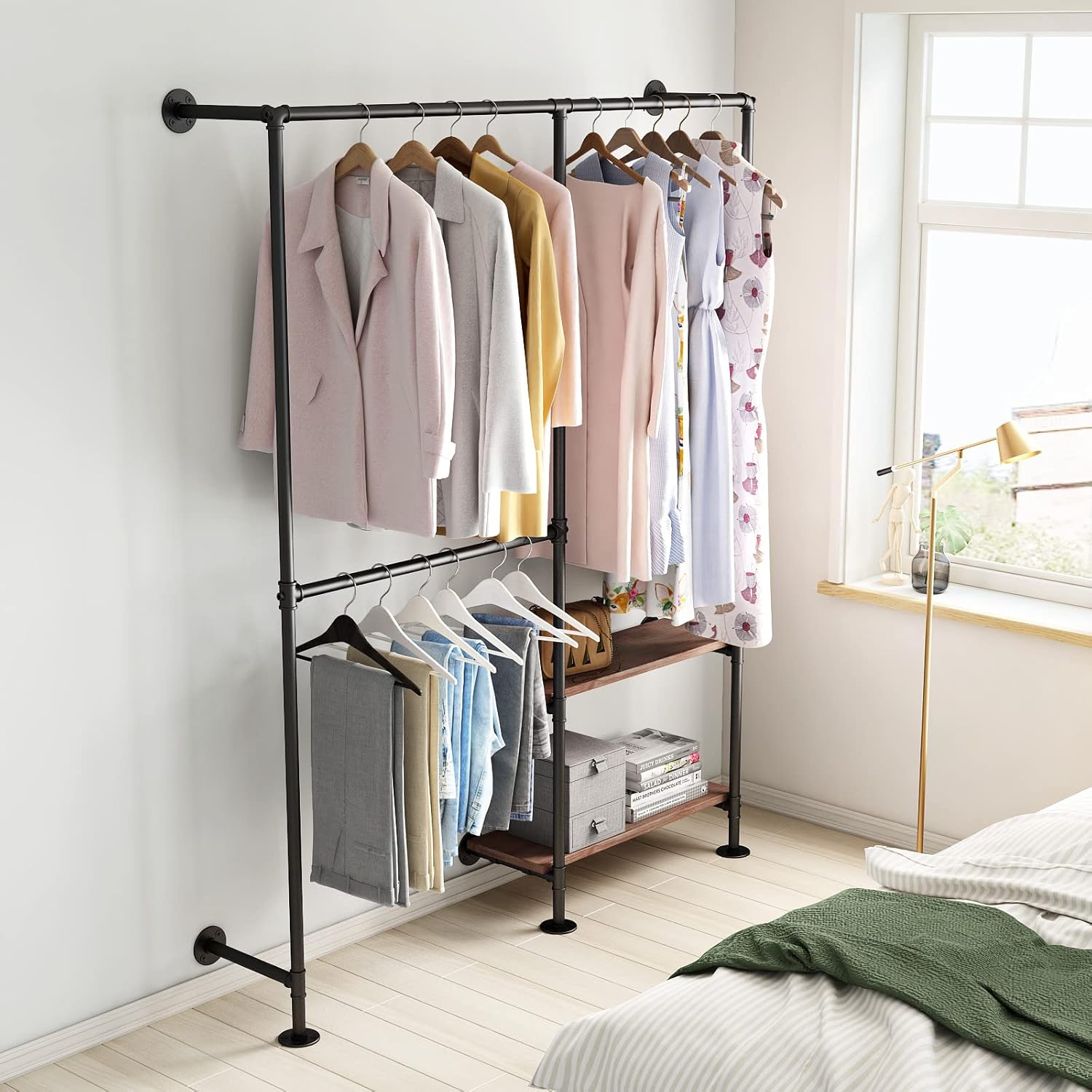 Industrial Pipe Clothes Racks with Black Shelves, Industrial Pipe Black Clothing Rack with Double Hanging Rods, Heavy Duty Wall Mounted Clothing Rack Rod for Closet Storage, Bedroom