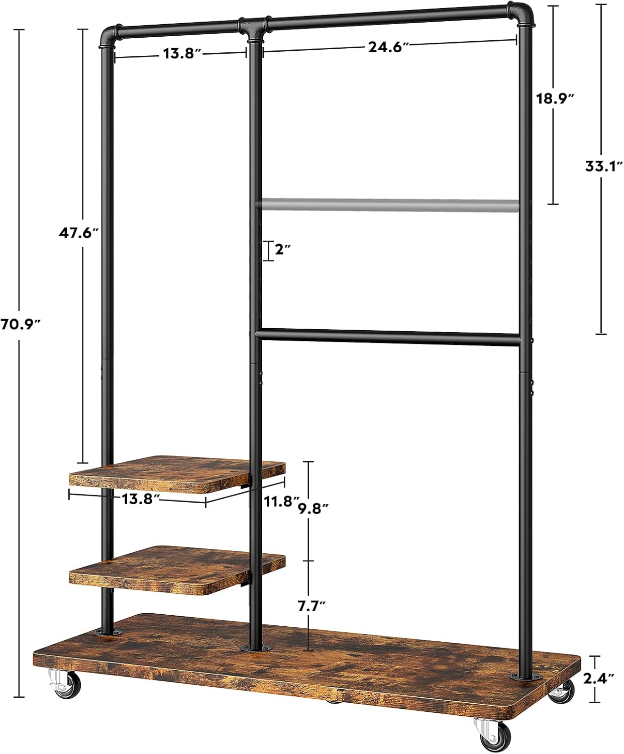 Raybee Clothing Rack Heavy Duty Clothes Rack 260LBS Rolling Garment Rack with Shelves, Industrial Clothing Rack with Shelves, Portable Adjustable Clothes Rack for Hanging Clothes, Rustic Brown