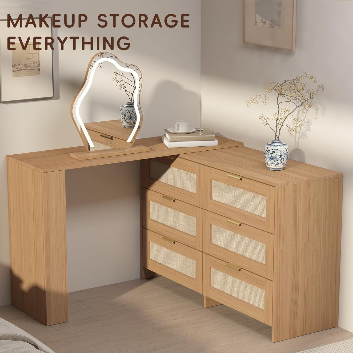 Rattan Makeup Vanity Set with LED HD Lighted Mirror,50-90in Extendable Mid-Century Modern Vanity Table, 6-Drawer Solid Storage Cabinet, Bedroom Dressing Table.
