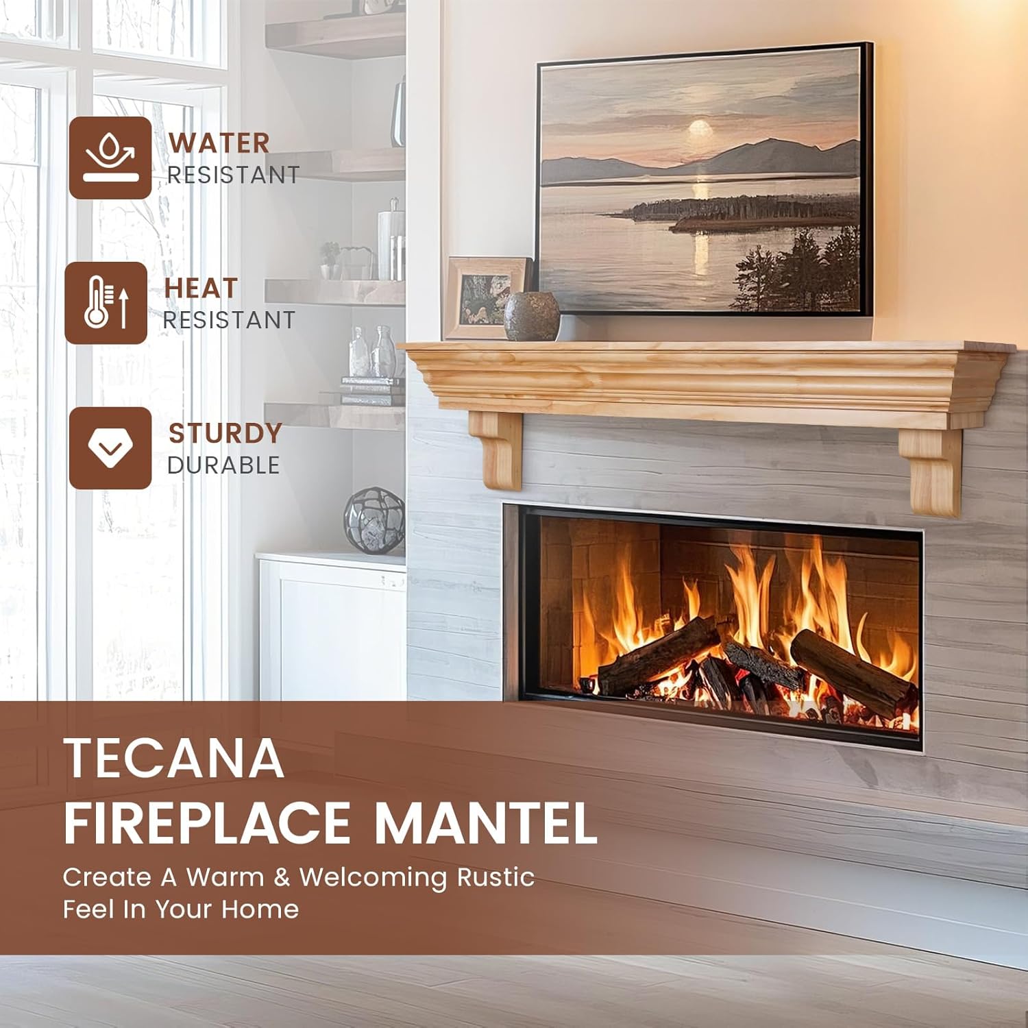 Wood Fireplace Mantel with Corbels - 54 Inch Rustic Floating Mantel Shelf for Living Room, Wall-Mounted Solid Fireplace Mantle with Angled Ends Decor for Bedroom, TV, Books, Natural