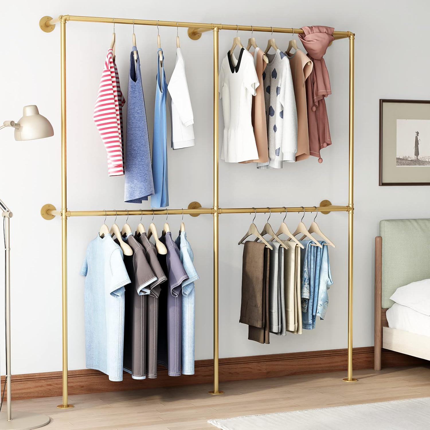 Industrial Pipe Clothes Racks with Black Shelves, Industrial Pipe Black Clothing Rack with Double Hanging Rods, Heavy Duty Wall Mounted Clothing Rack Rod for Closet Storage, Bedroom