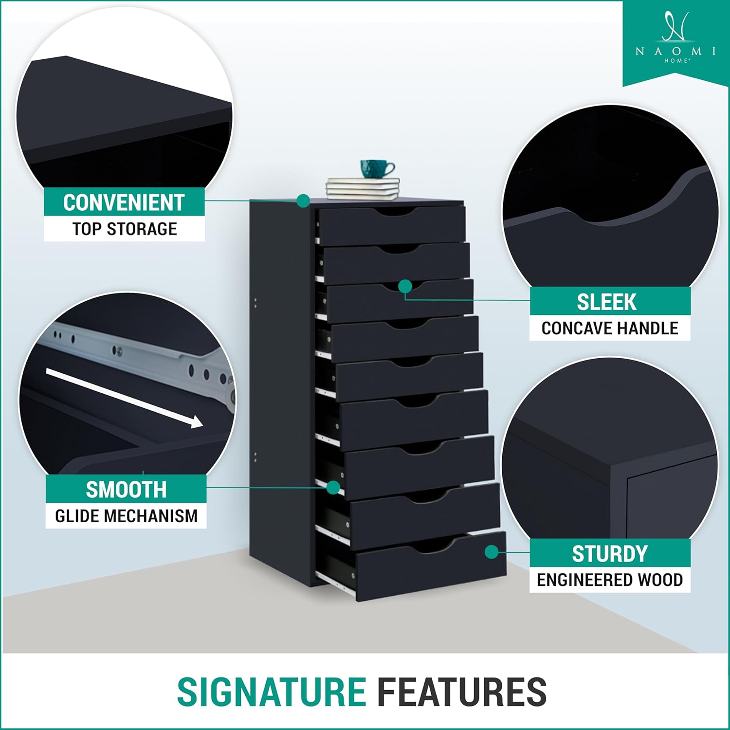 Naomi Home 9-Drawer Tall Dresser, Black, Smart Storage, Maximum Capacity with Smooth Runners & Recessed Handles, Compact Footprint for Bedroom or Office, Sturdy Engineered Wood Construction