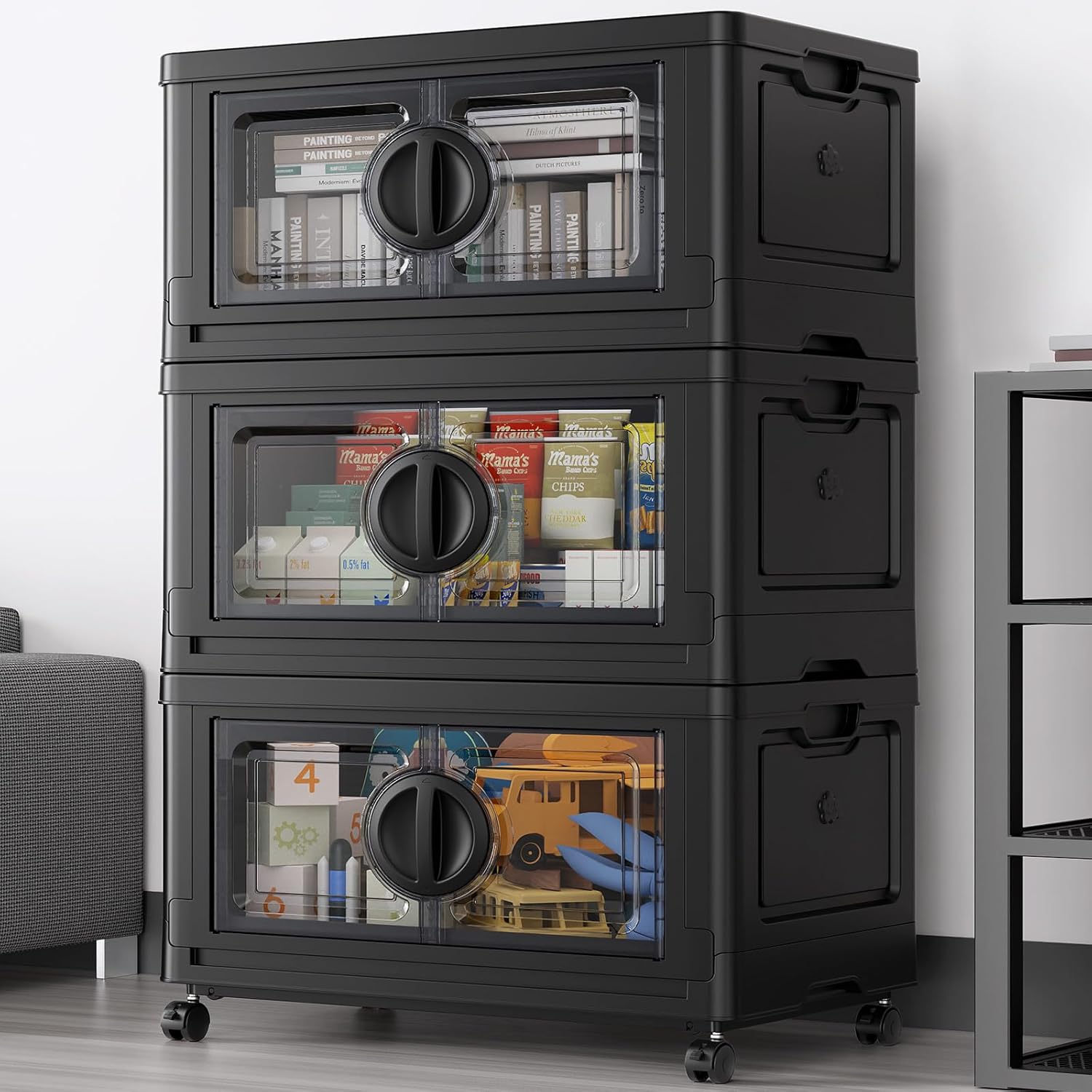 BROVIEW 480Qt Lockable Stackable Storage Bins with Lids, Closet Organizers and Storage Drawer, Collapsible Storage Bin with Wheels, Plastic Cabinet for Toy Clothes Dorm Organizer, V9 4 Pack Black