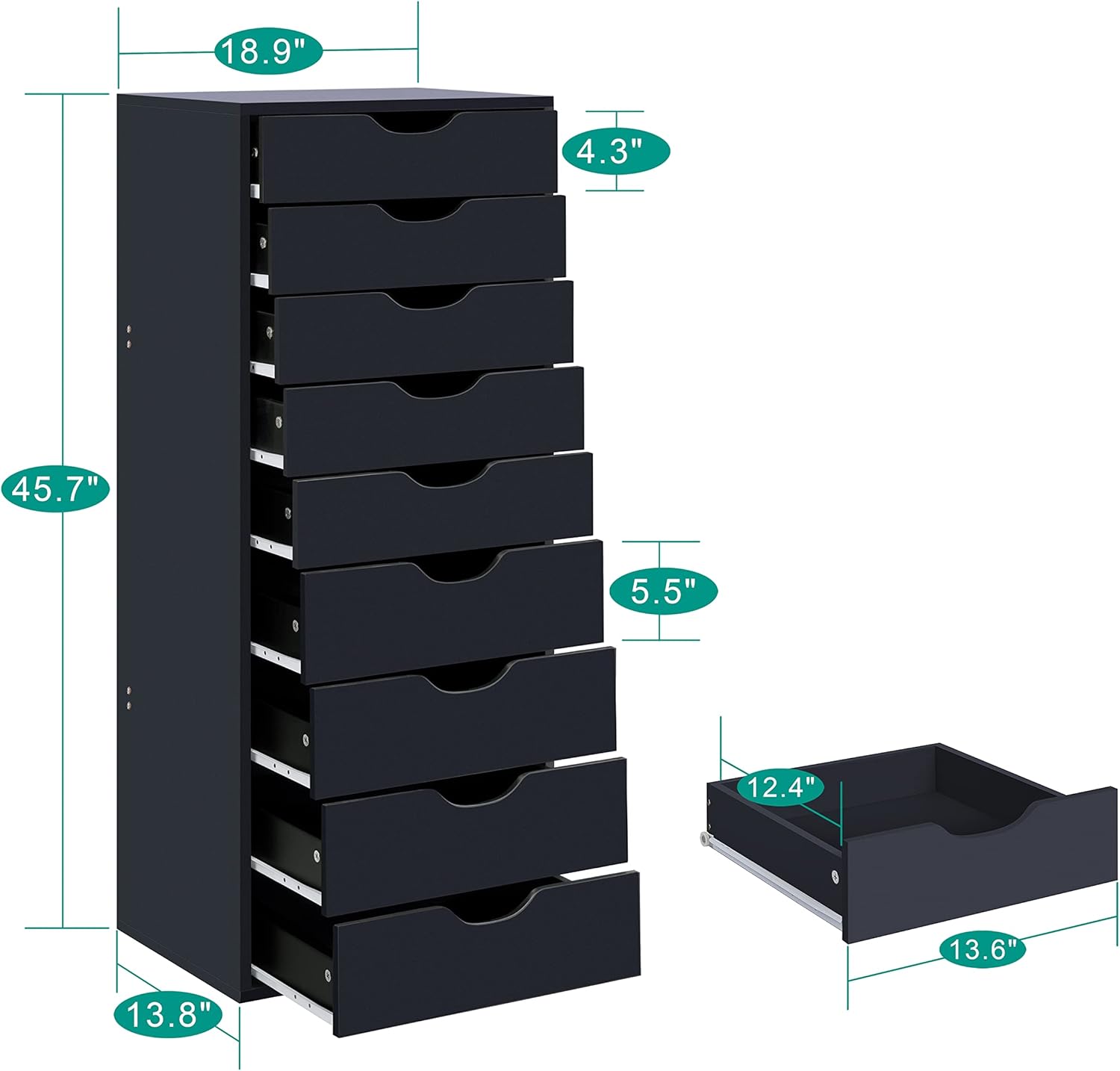 Naomi Home 9-Drawer Tall Dresser, Black, Smart Storage, Maximum Capacity with Smooth Runners & Recessed Handles, Compact Footprint for Bedroom or Office, Sturdy Engineered Wood Construction