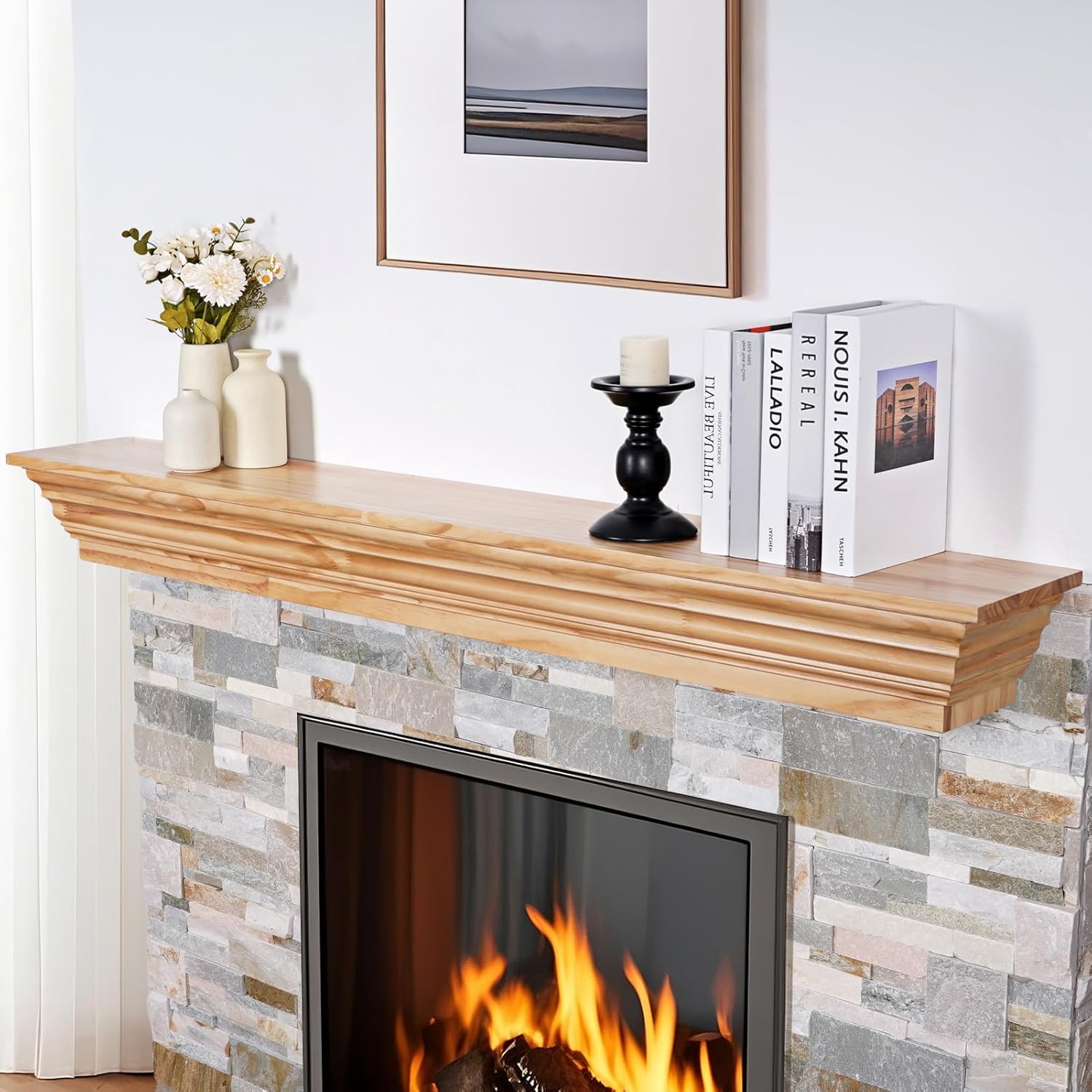 Wood Fireplace Mantel with Corbels - 54 Inch Rustic Floating Mantel Shelf for Living Room, Wall-Mounted Solid Fireplace Mantle with Angled Ends Decor for Bedroom, TV, Books, Natural