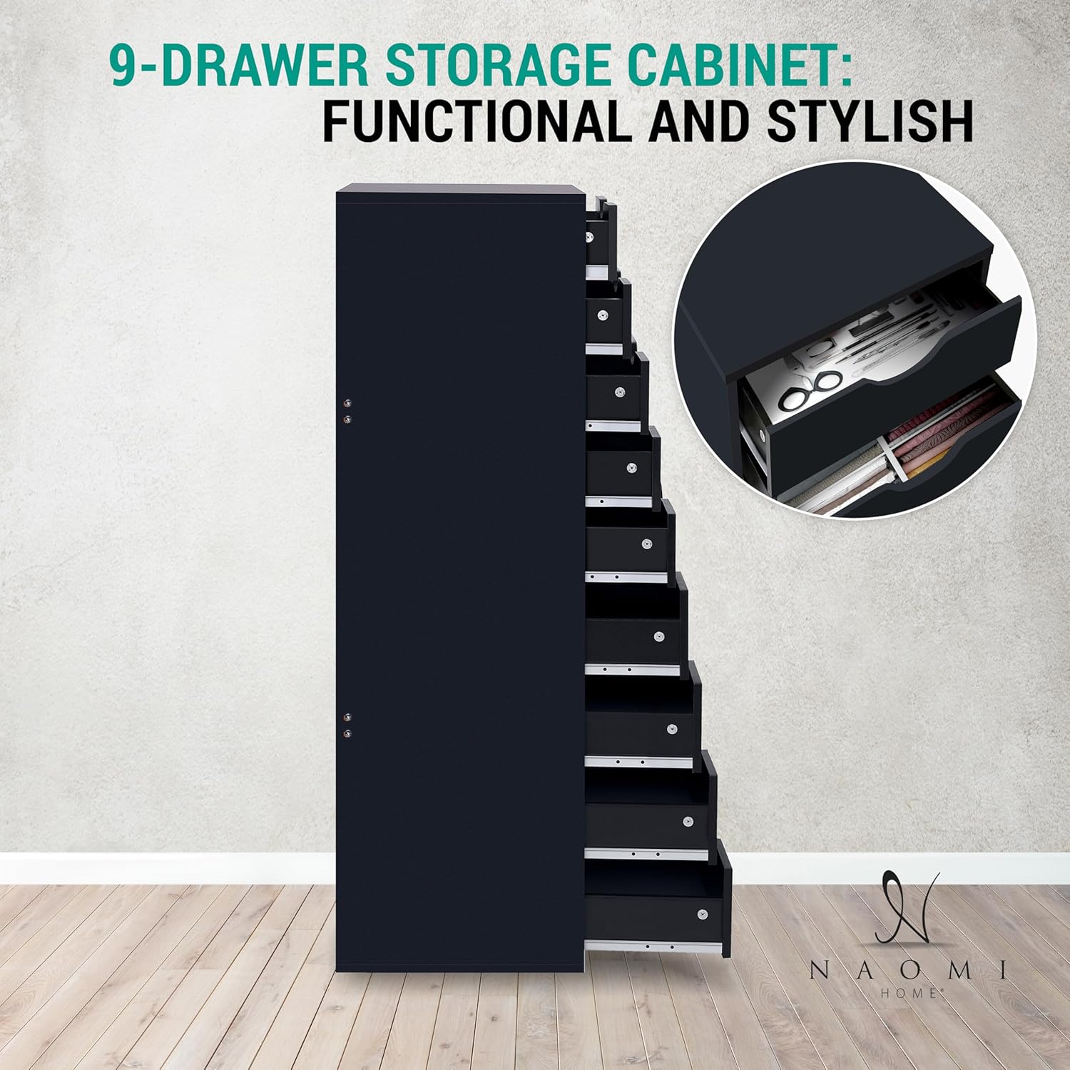Naomi Home 9-Drawer Tall Dresser, Black, Smart Storage, Maximum Capacity with Smooth Runners & Recessed Handles, Compact Footprint for Bedroom or Office, Sturdy Engineered Wood Construction