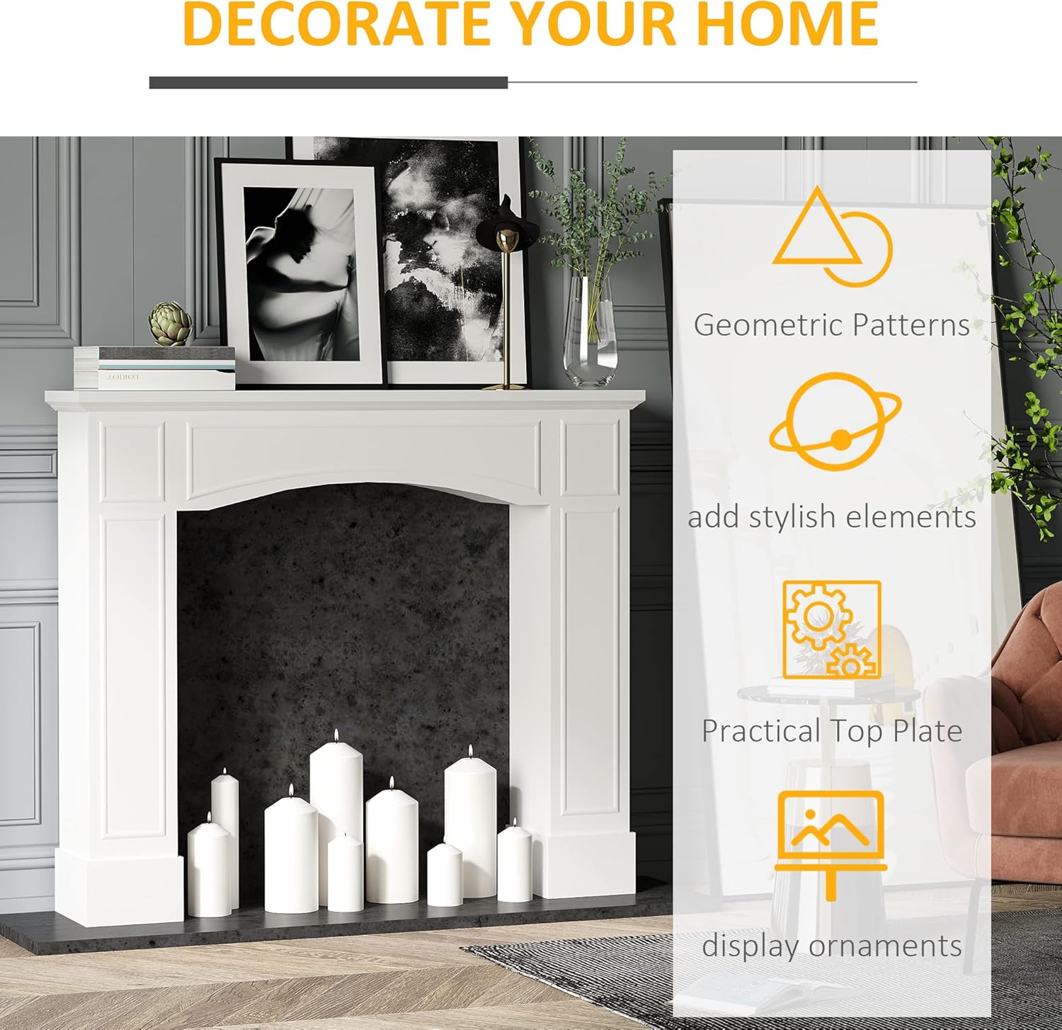 HOMCOM Modern Fireplace Mantel, Surround Mantels for Fireplace with Decorative Pattern Interior Width 29" White