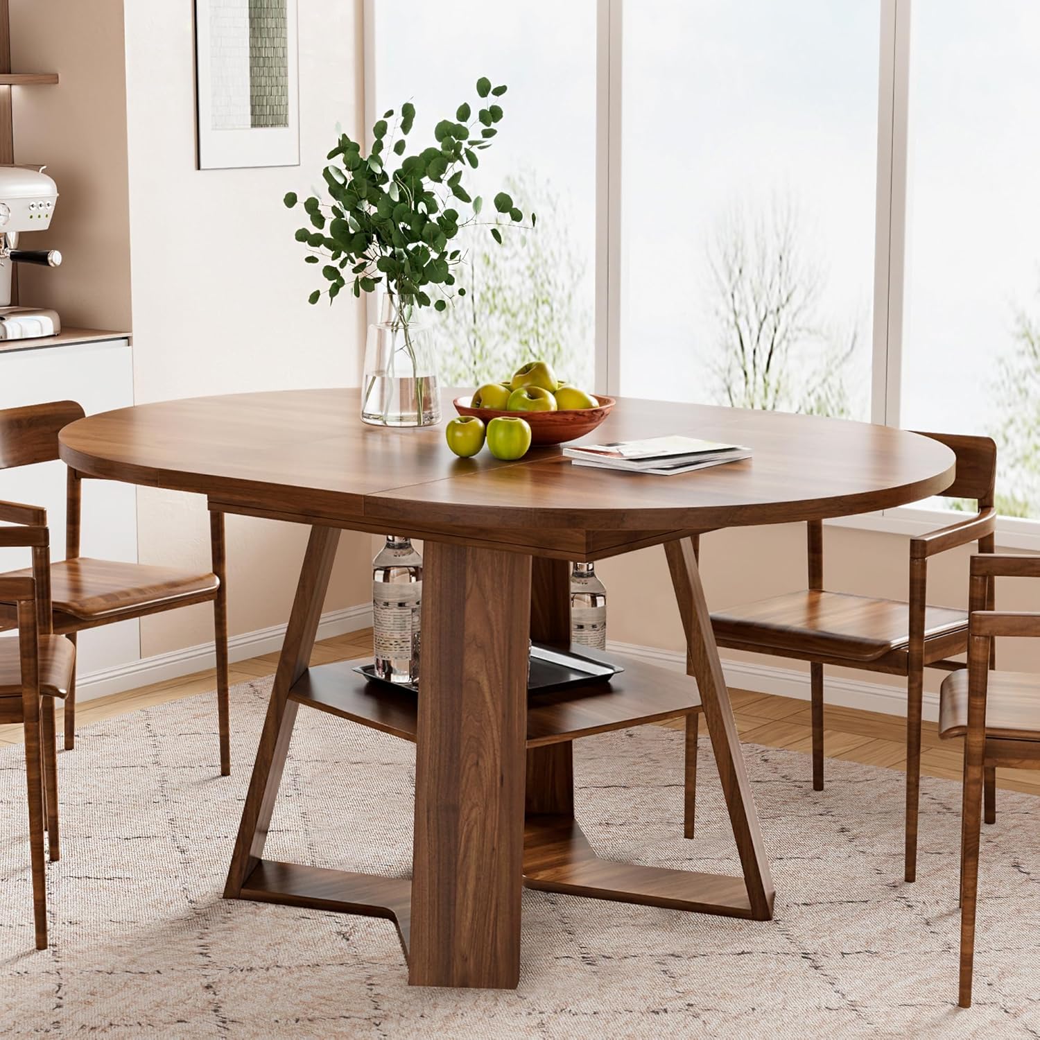 43.3in-59in Extendable Round Dining Table for 4-8,Modern Kitchen Oval Dining Table with Removable Leaves Space Saving,Wood Base with Storage Shelf for Kitchen Living Room (Walnut)