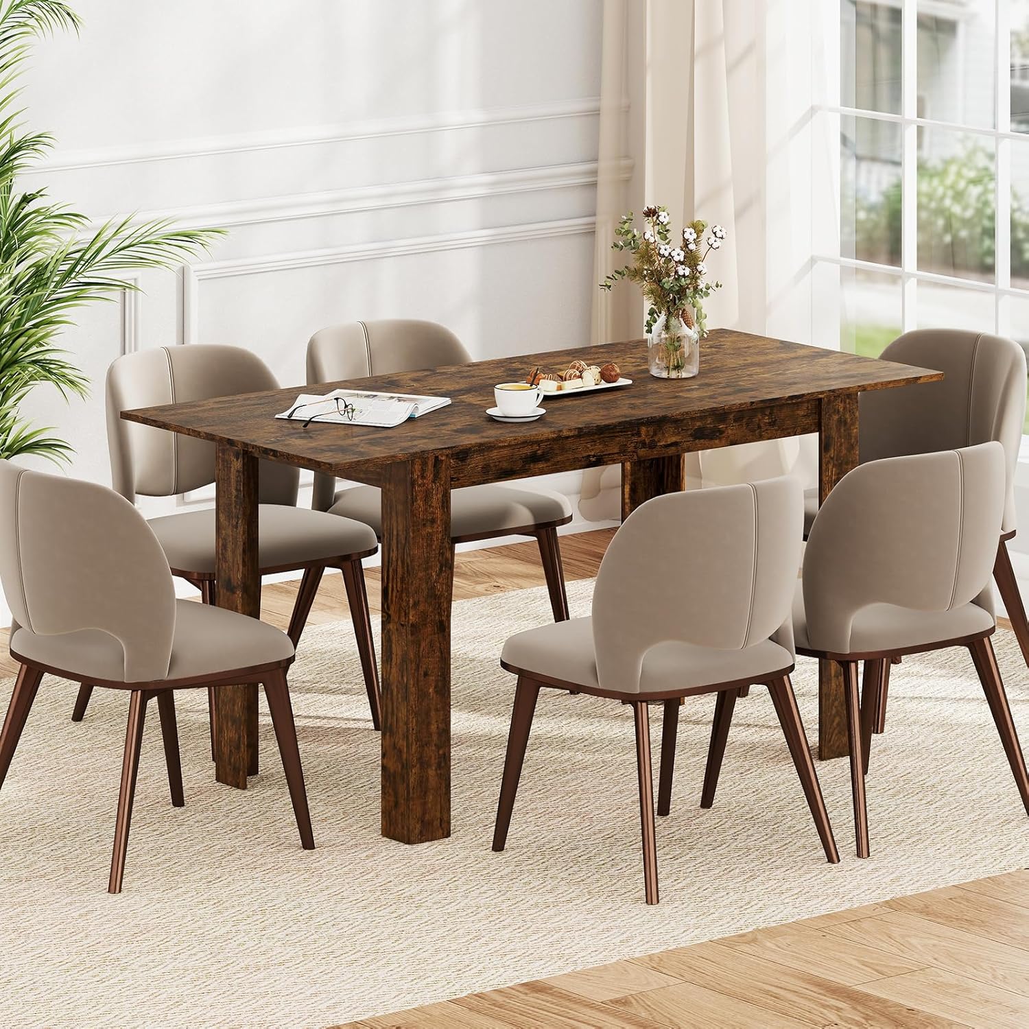 Giantex 47"-62" Extendable Dining Room Table for 4-8, Farmhouse Dining Table with L-Shaped Legs, Large Wood Grain Tabletop, Space-Saving Dinner Tables for Dinette, Kitchen (Rustic Brown)