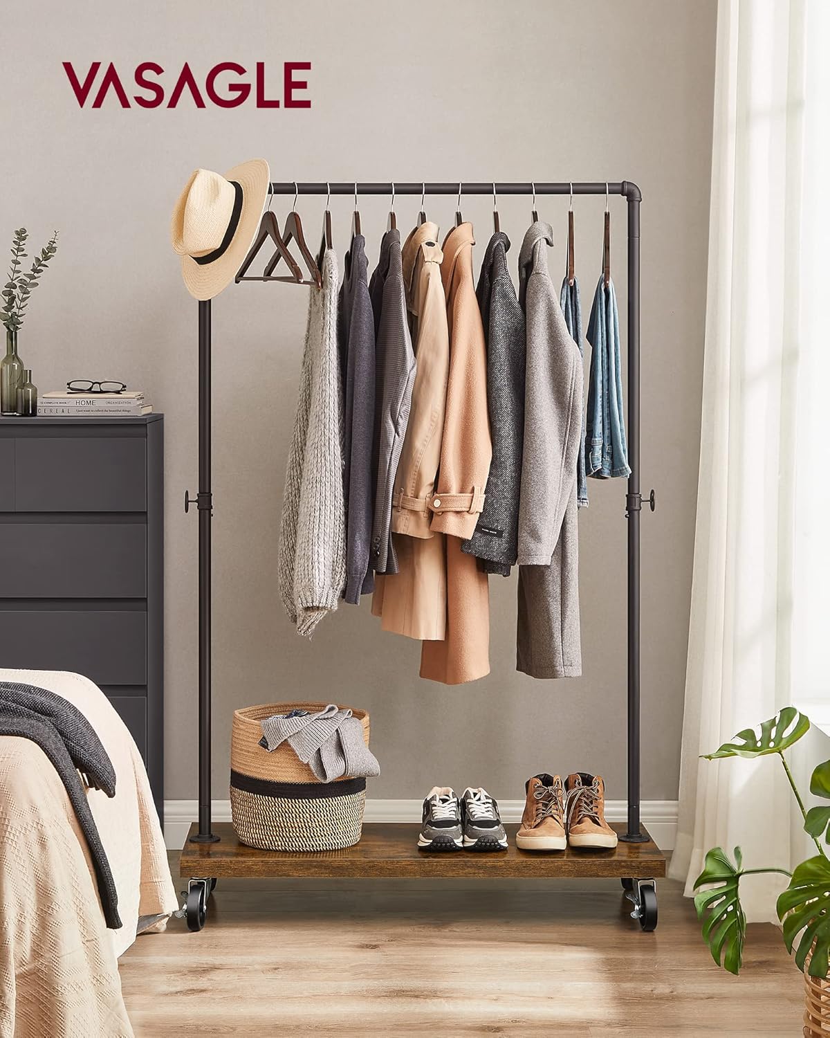 VASAGLE Clothes Rack, Heavy Duty Clothing Rack, Industrial Pipe Style Rolling Garment Rack with Shelf, for Bedroom, Laundry Room, Retail Store, Rustic Brown and Black UHSR65BX