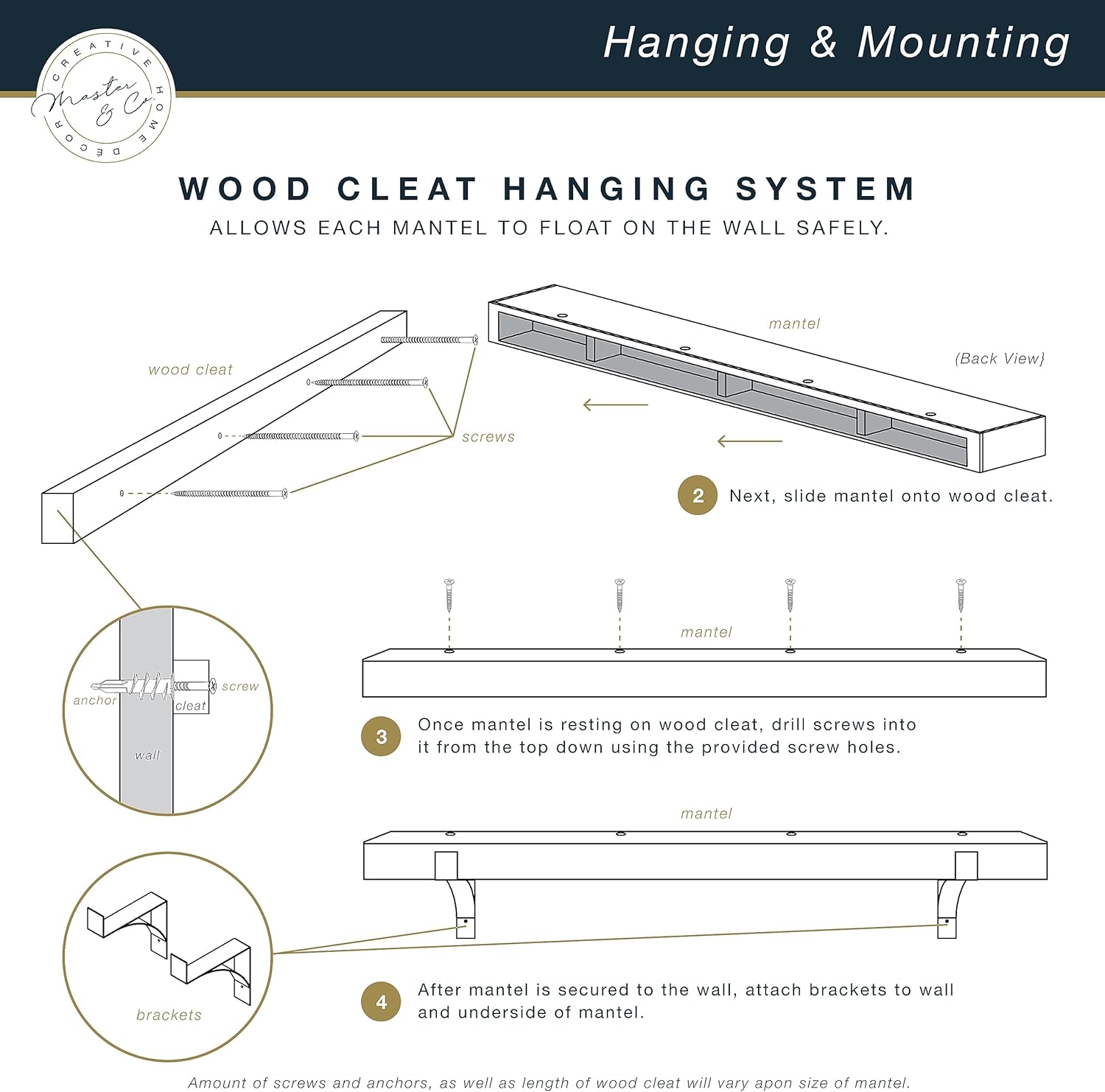MCS Master & Co. Modern Floating Fireplace Mantel with Black Metal Brackets, Long Floating Shelves for Wall Décor, 60 inches, Natural Woodgrain