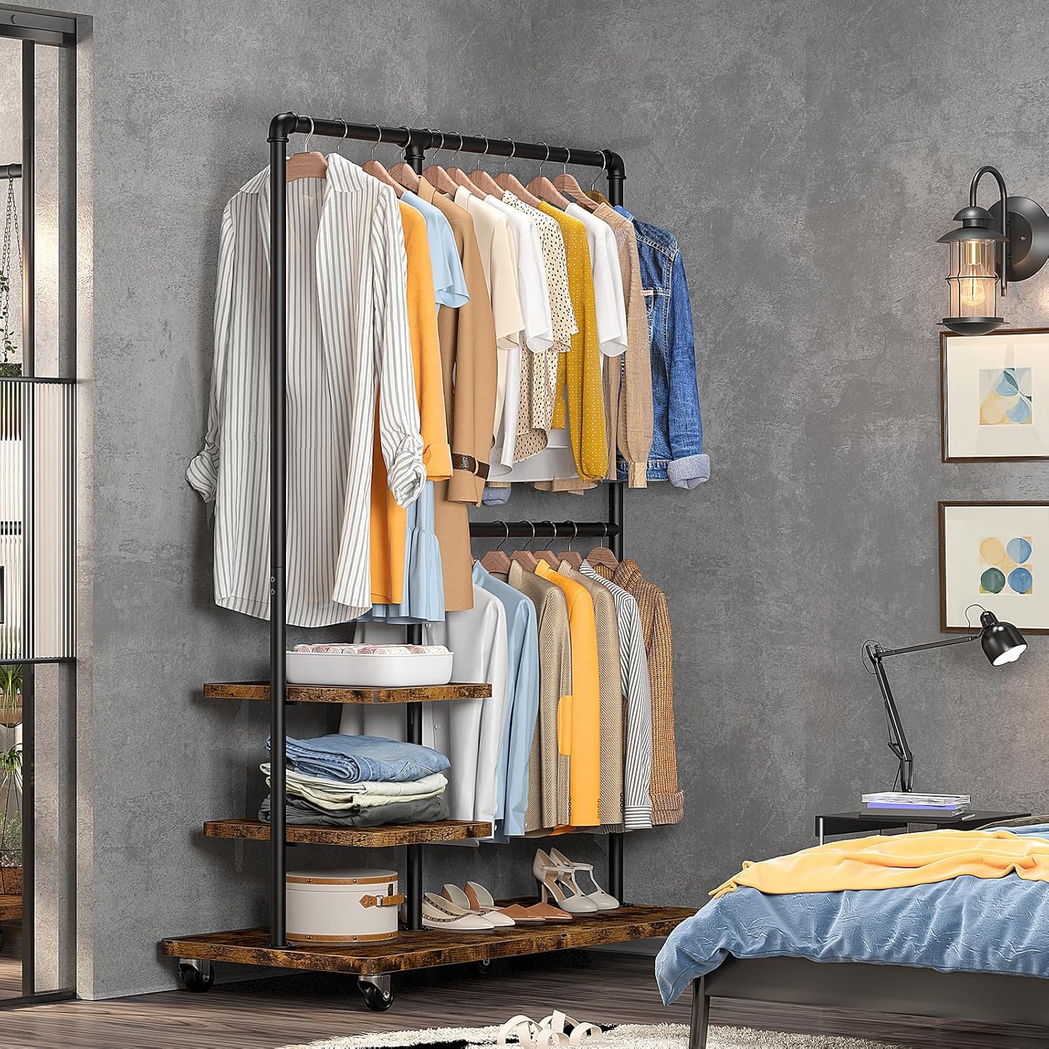 Raybee Clothing Rack Heavy Duty Clothes Rack 260LBS Rolling Garment Rack with Shelves, Industrial Clothing Rack with Shelves, Portable Adjustable Clothes Rack for Hanging Clothes, Rustic Brown