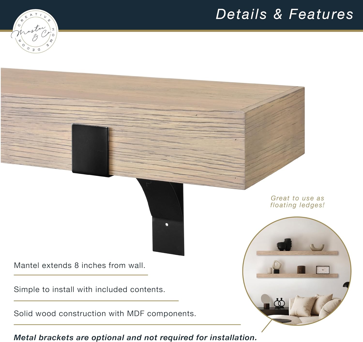 MCS Master & Co. Modern Floating Fireplace Mantel with Black Metal Brackets, Long Floating Shelves for Wall Décor, 60 inches, Natural Woodgrain