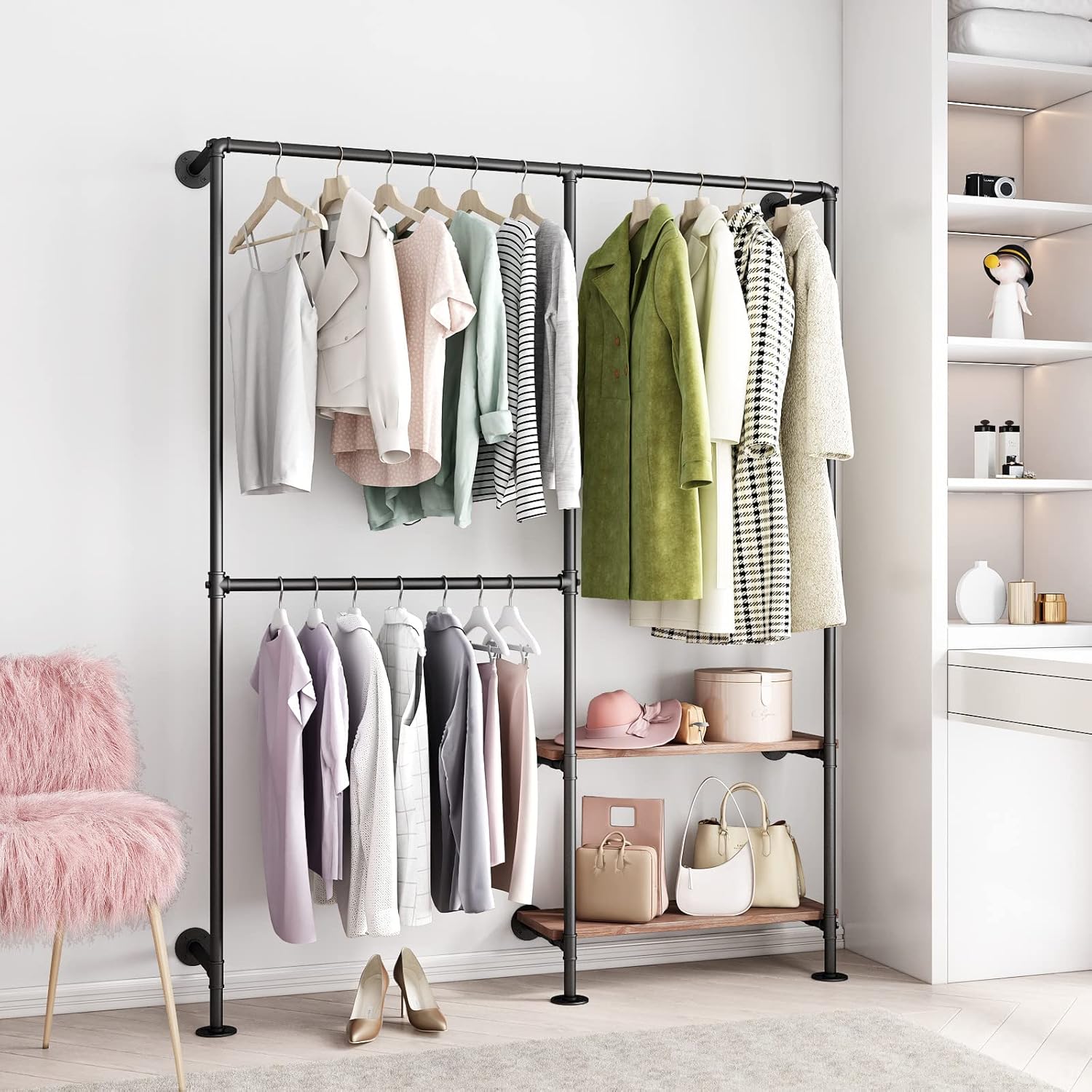 Industrial Pipe Clothes Racks with Black Shelves, Industrial Pipe Black Clothing Rack with Double Hanging Rods, Heavy Duty Wall Mounted Clothing Rack Rod for Closet Storage, Bedroom