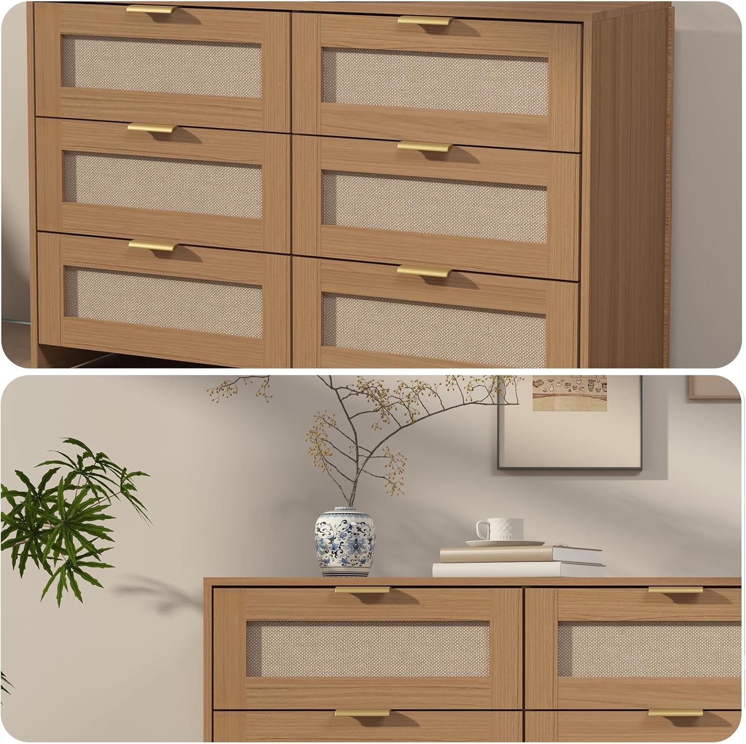 Rattan Makeup Vanity Set with LED HD Lighted Mirror,50-90in Extendable Mid-Century Modern Vanity Table, 6-Drawer Solid Storage Cabinet, Bedroom Dressing Table.