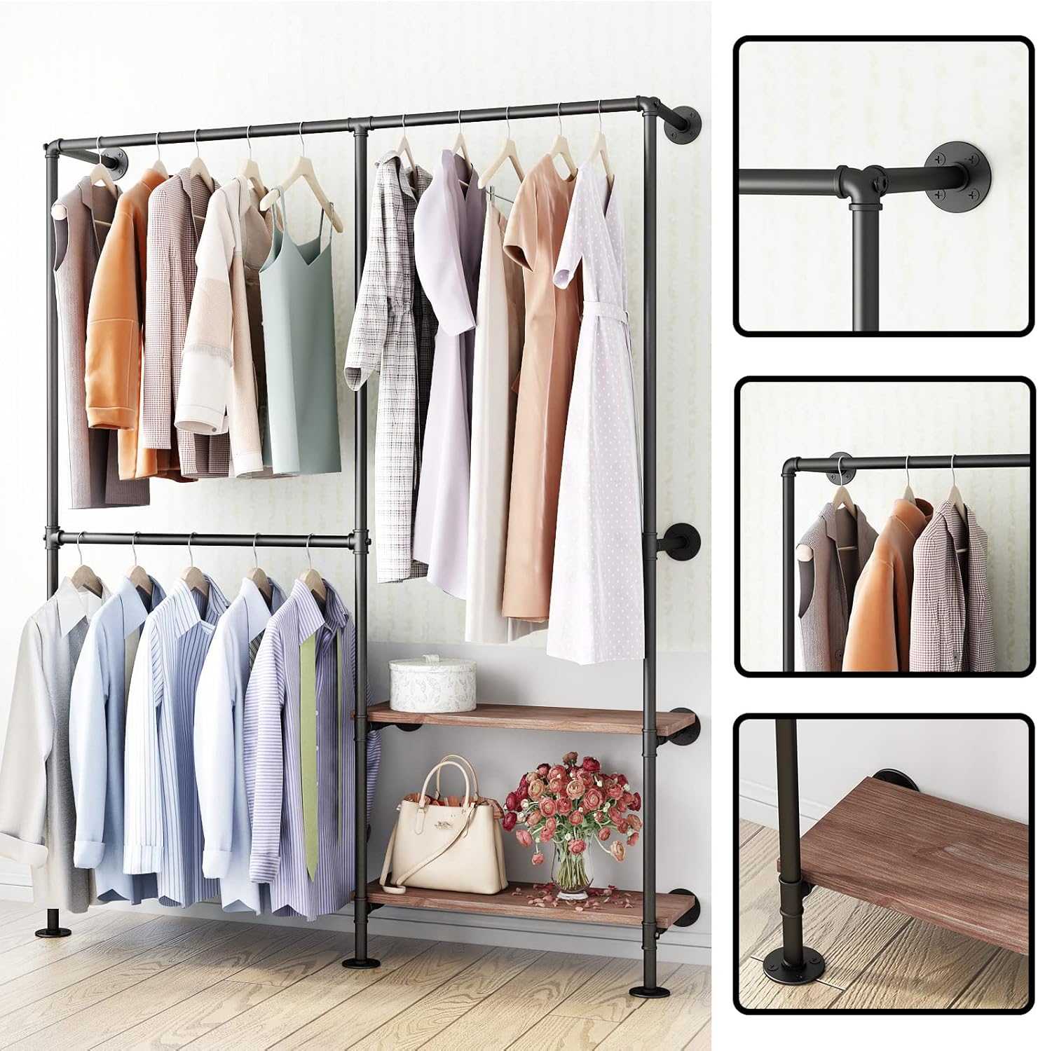 Industrial Pipe Clothes Racks with Black Shelves, Industrial Pipe Black Clothing Rack with Double Hanging Rods, Heavy Duty Wall Mounted Clothing Rack Rod for Closet Storage, Bedroom