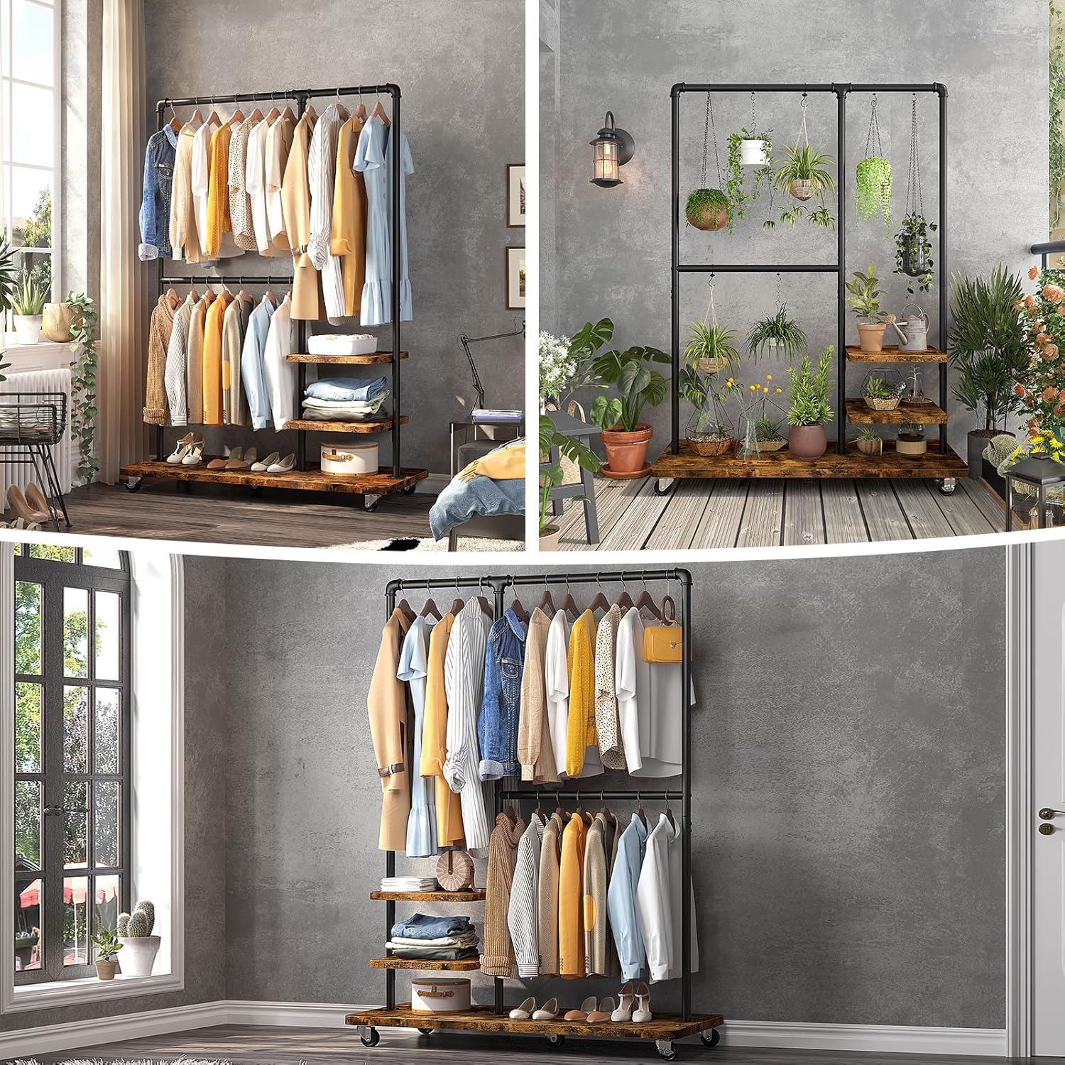Raybee Clothing Rack Heavy Duty Clothes Rack 260LBS Rolling Garment Rack with Shelves, Industrial Clothing Rack with Shelves, Portable Adjustable Clothes Rack for Hanging Clothes, Rustic Brown