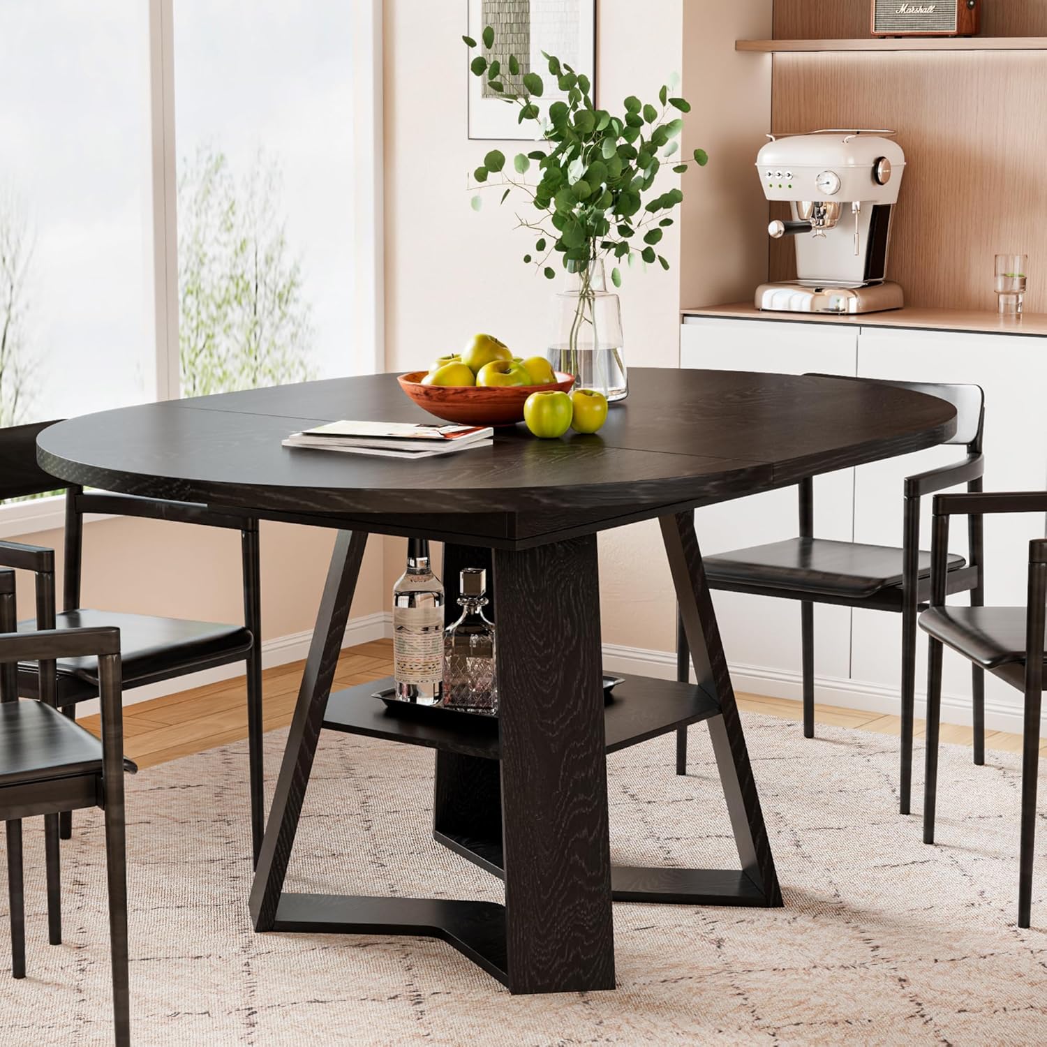 43.3in-59in Extendable Round Dining Table for 4-8,Modern Kitchen Oval Dining Table with Removable Leaves Space Saving,Wood Base with Storage Shelf for Kitchen Living Room (Walnut)
