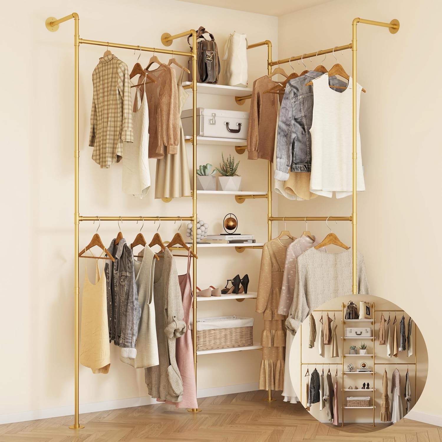 Industrial Pipe Clothes Rack, DÉCOR Wall Mounted Clothing Rack, for Walk-in Wardrobe Multi-Purpose Storage Clothes Hanging Shelf, 2 Installation Methods