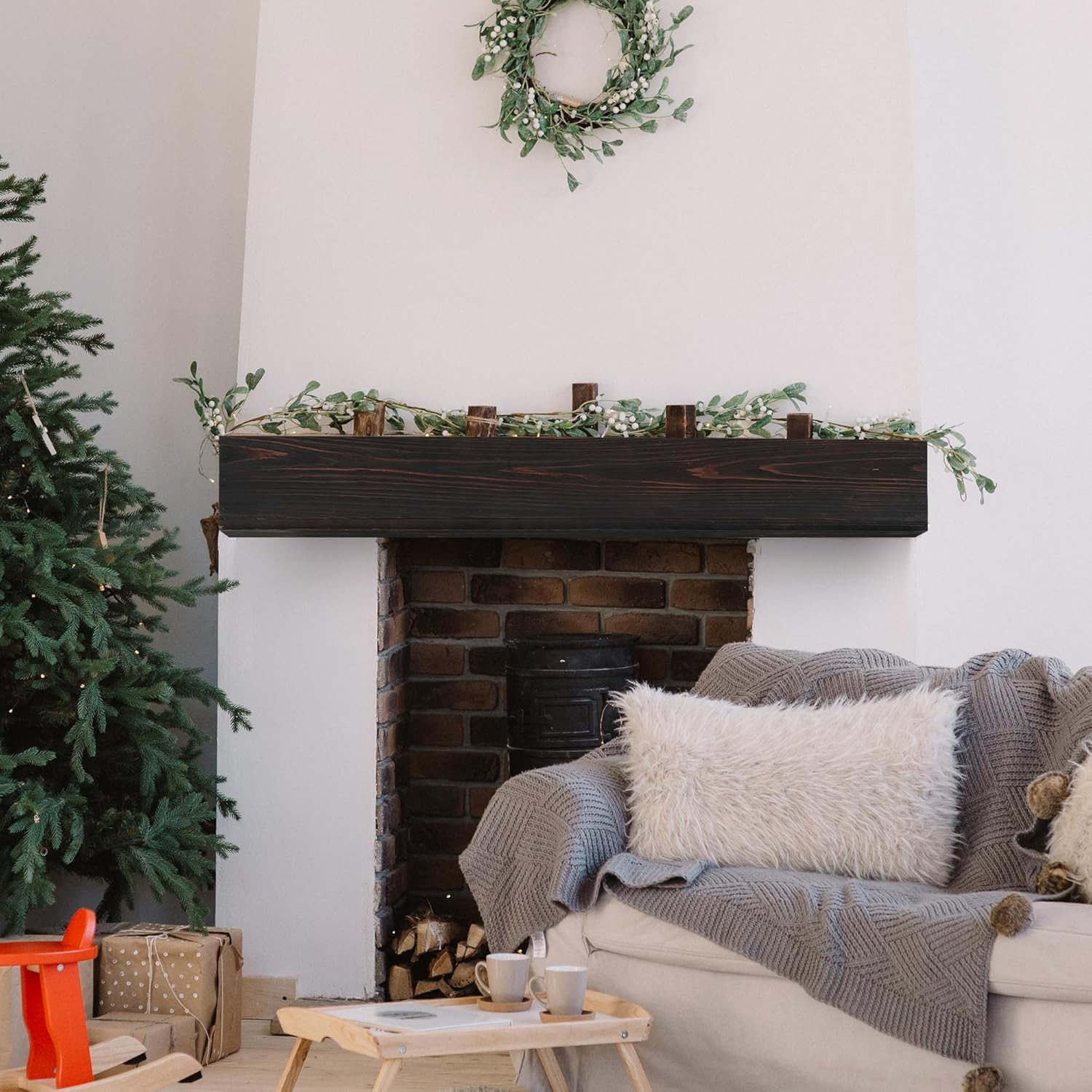 60" Rustic Fireplace Mantle Shelf, Wood Mantles for Over Fireplace, Wall Mounted Farmhouse Fireplace Mantel Shelf, Floating Fireplace Mantels, Espresso