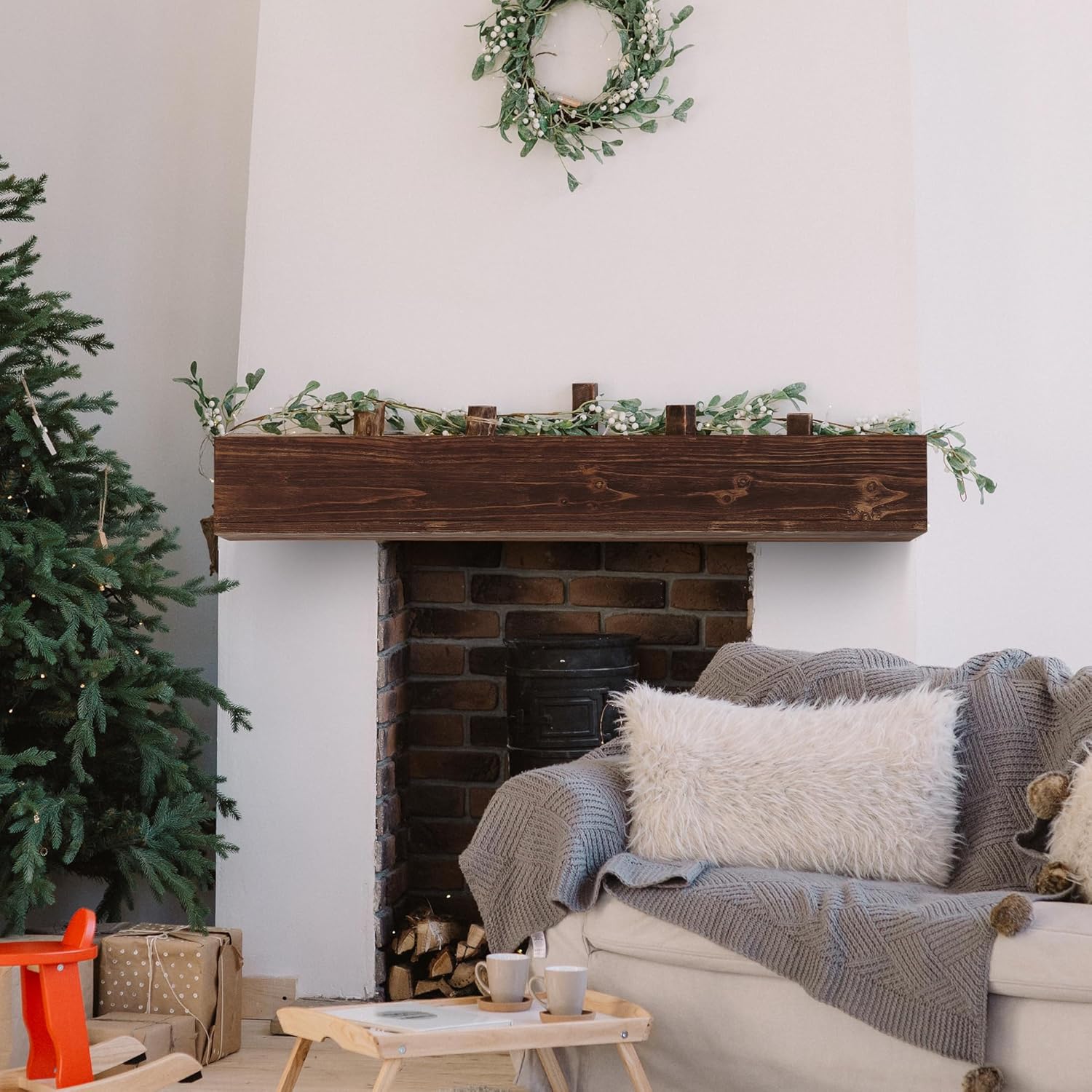 60" Rustic Fireplace Mantle Shelf, Wood Mantles for Over Fireplace, Wall Mounted Farmhouse Fireplace Mantel Shelf, Floating Fireplace Mantels, Espresso