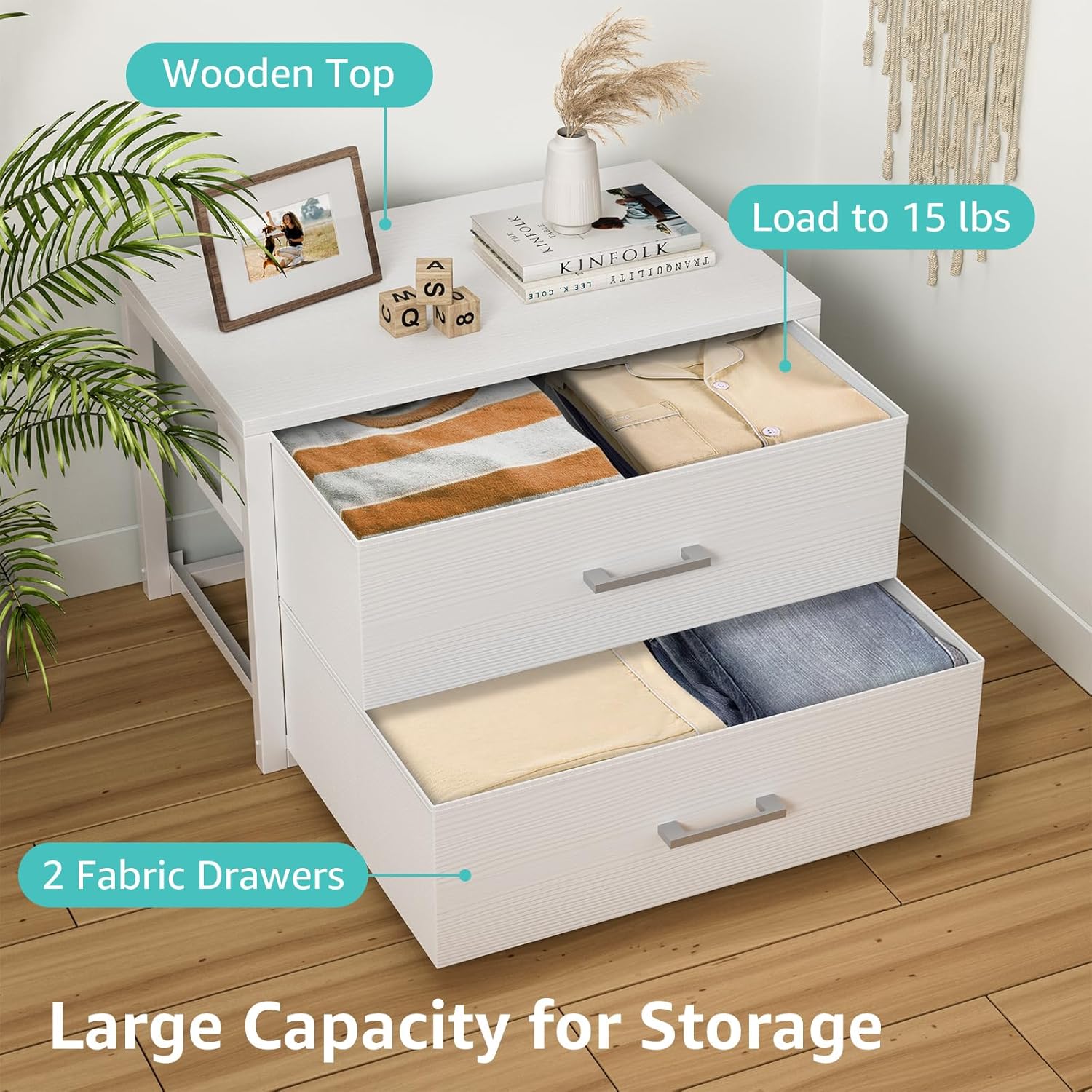 BOLUO Stackable Storage Drawers Closet Organizers and Storage Fabric White 2 Drawer Dresser for Bedroom 2 Packs Modern