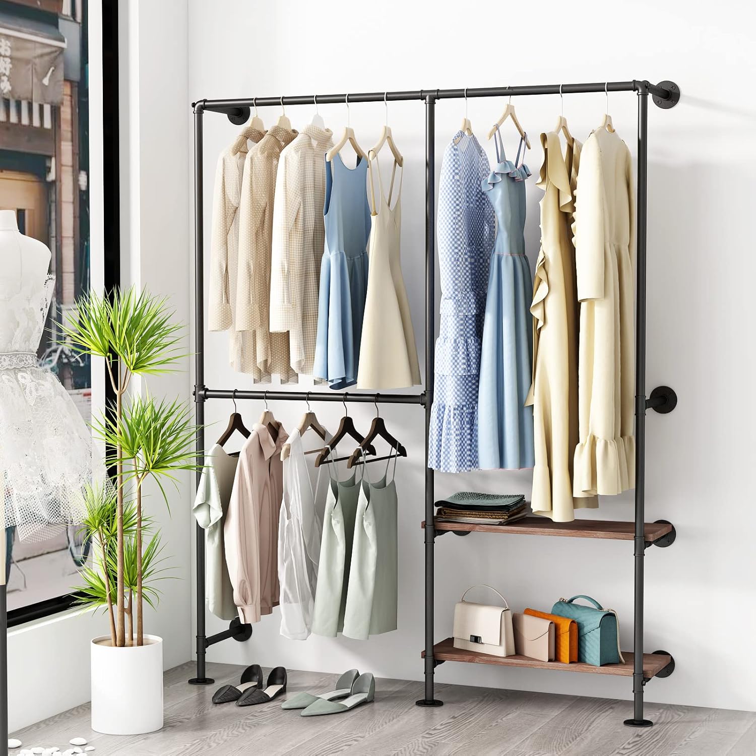 Industrial Pipe Clothes Racks with Black Shelves, Industrial Pipe Black Clothing Rack with Double Hanging Rods, Heavy Duty Wall Mounted Clothing Rack Rod for Closet Storage, Bedroom