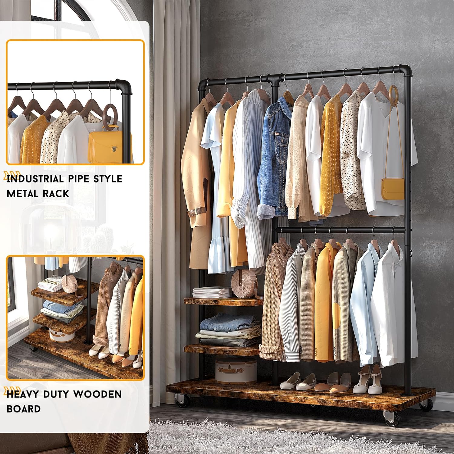 Raybee Clothing Rack Heavy Duty Clothes Rack 260LBS Rolling Garment Rack with Shelves, Industrial Clothing Rack with Shelves, Portable Adjustable Clothes Rack for Hanging Clothes, Rustic Brown