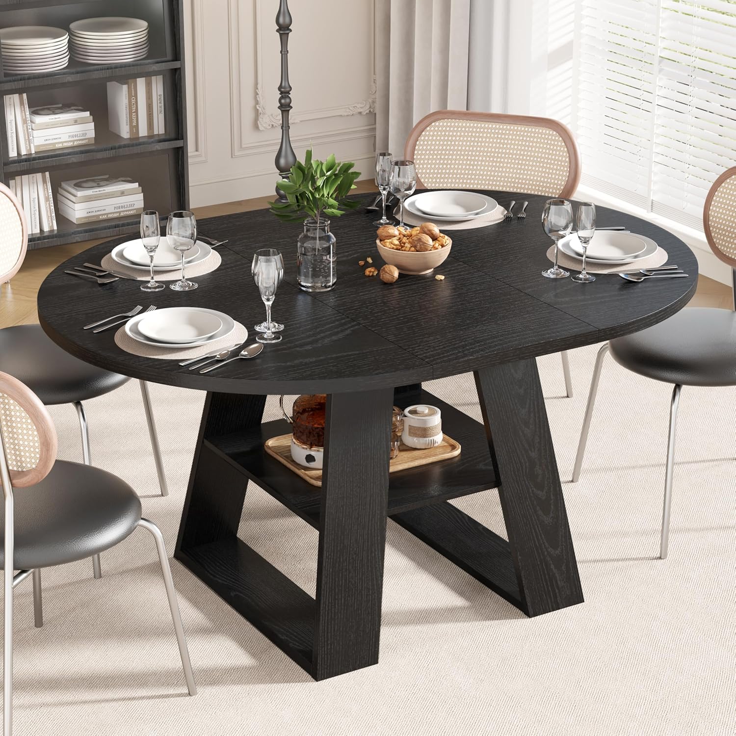 43.3in-59in Extendable Round Dining Table for 4-8,Modern Kitchen Oval Dining Table with Removable Leaves Space Saving,Wood Base with Storage Shelf for Kitchen Living Room (Walnut)
