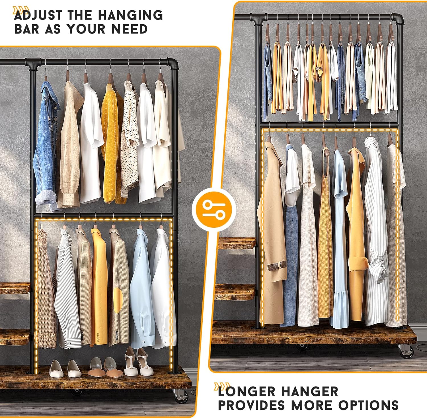 Raybee Clothing Rack Heavy Duty Clothes Rack 260LBS Rolling Garment Rack with Shelves, Industrial Clothing Rack with Shelves, Portable Adjustable Clothes Rack for Hanging Clothes, Rustic Brown