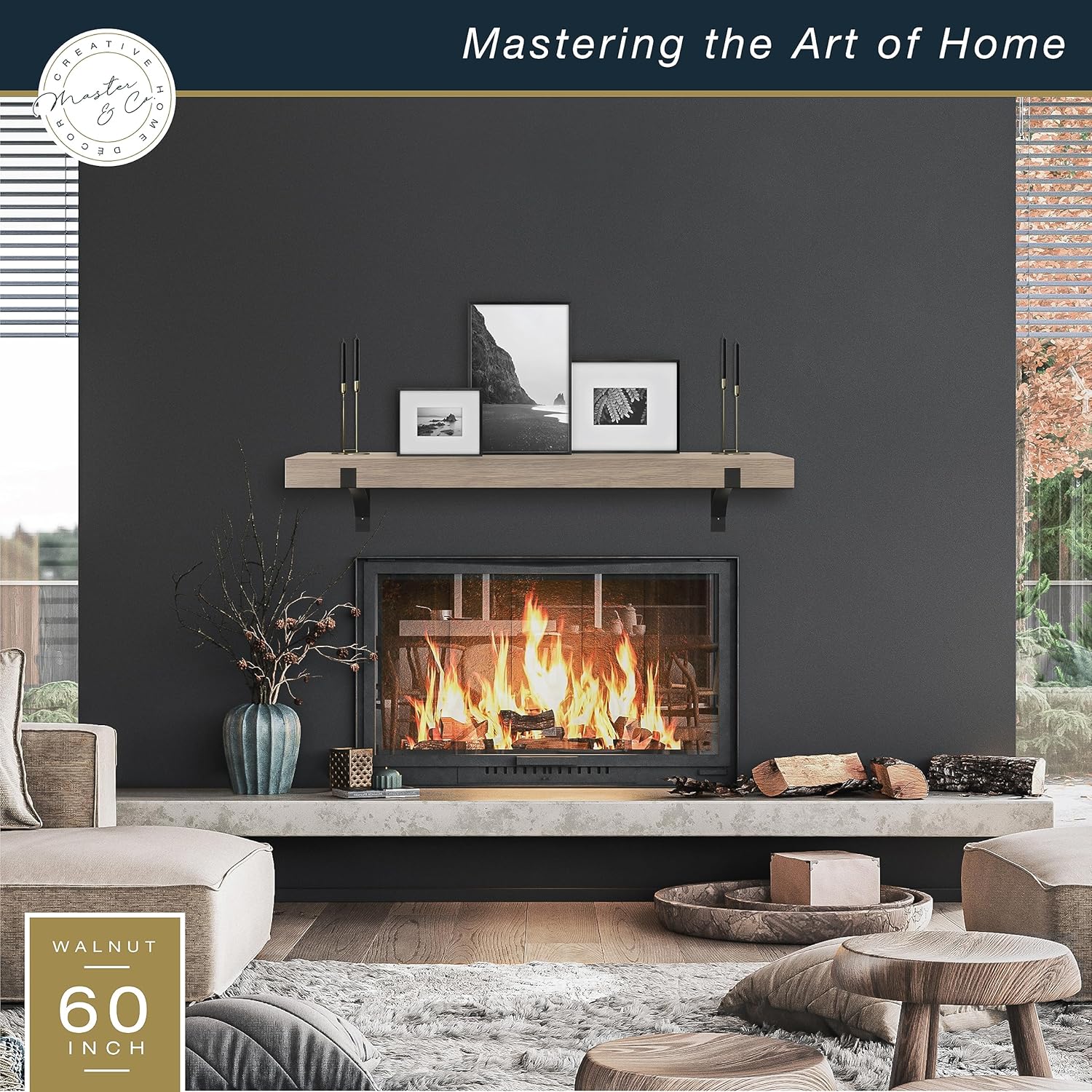 MCS Master & Co. Modern Floating Fireplace Mantel with Black Metal Brackets, Long Floating Shelves for Wall Décor, 60 inches, Natural Woodgrain