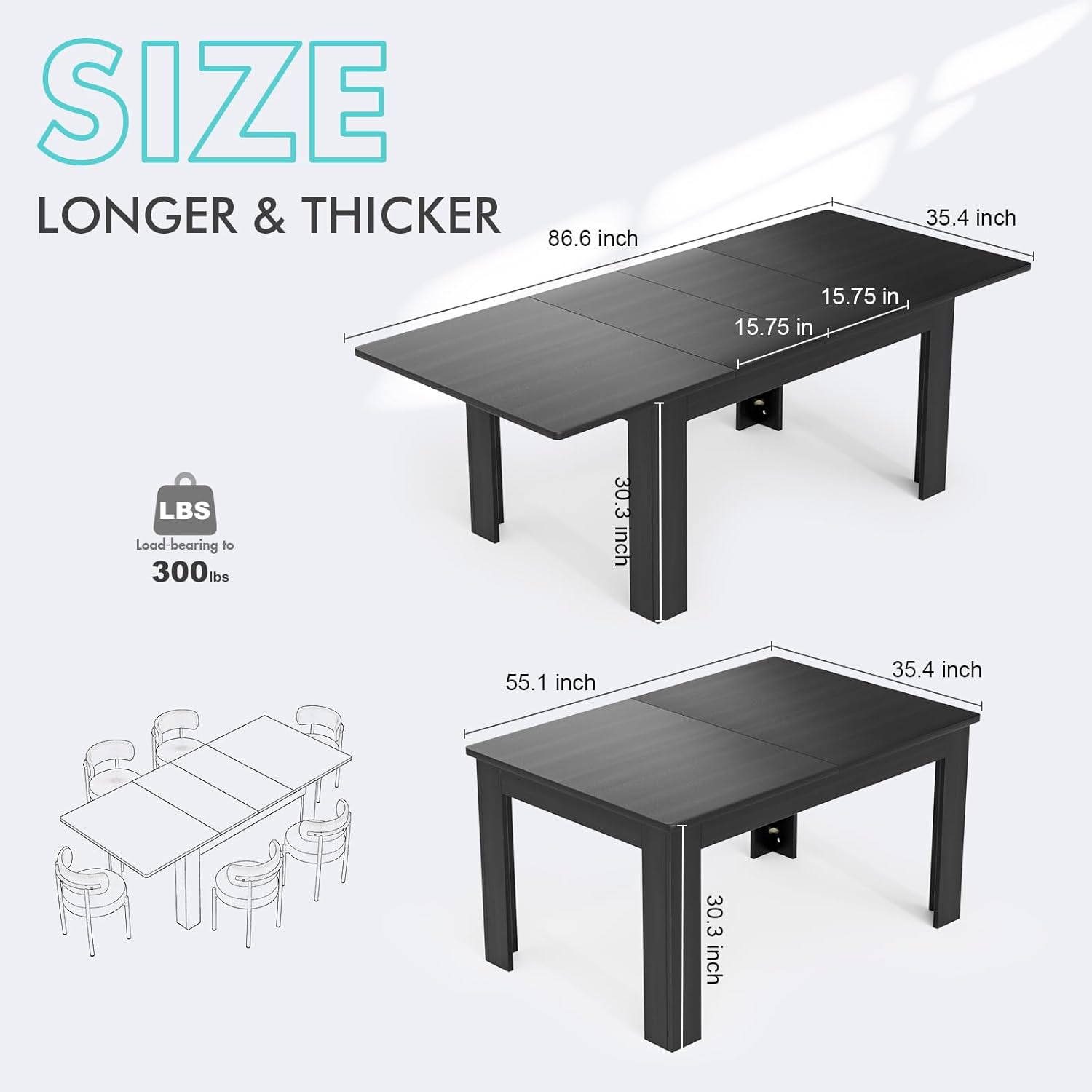 55.1-86.6 in Extendable Dining Room Table for 6-10 Person - Plank and Beam Farmhouse Large Rectangular Kitchen Tables for Living Meeting Room (Onyx Black)