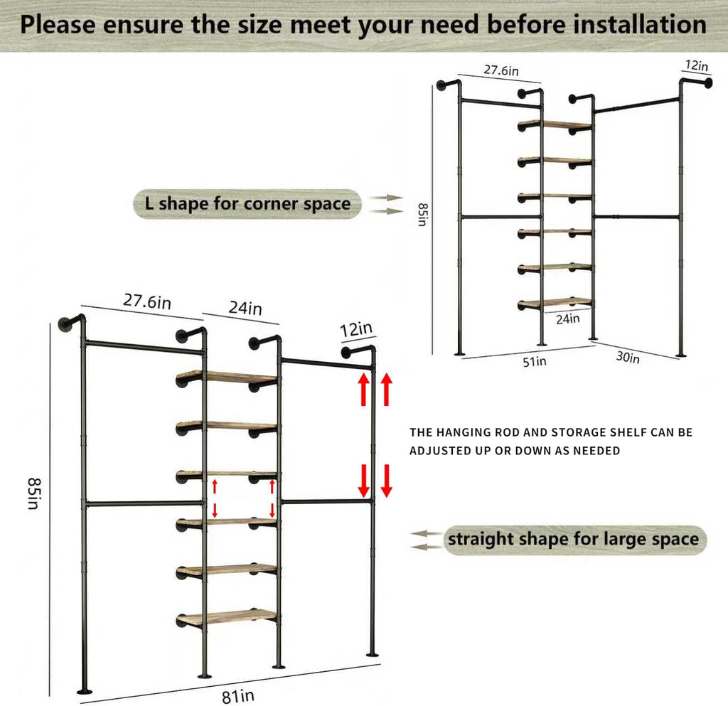 Industrial Pipe Clothes Rack, DÉCOR Wall Mounted Clothing Rack, for Walk-in Wardrobe Multi-Purpose Storage Clothes Hanging Shelf, 2 Installation Methods