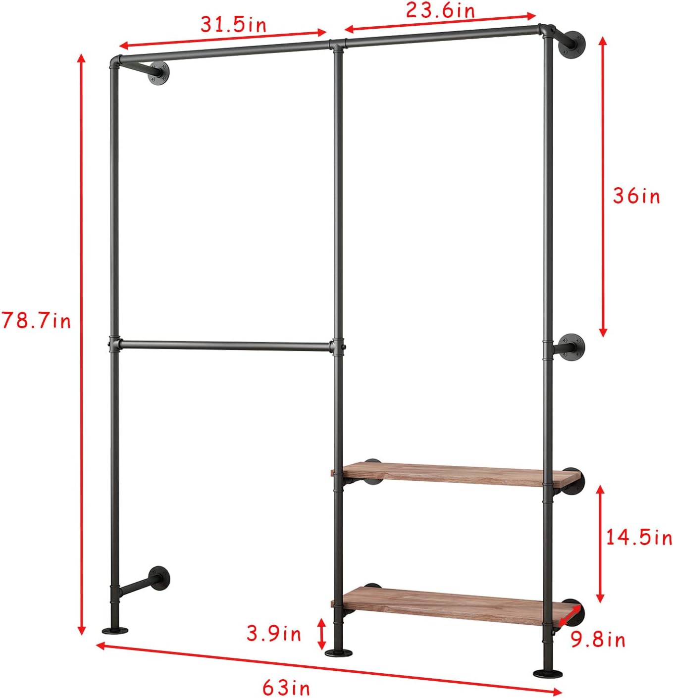 Industrial Pipe Clothes Racks with Black Shelves, Industrial Pipe Black Clothing Rack with Double Hanging Rods, Heavy Duty Wall Mounted Clothing Rack Rod for Closet Storage, Bedroom