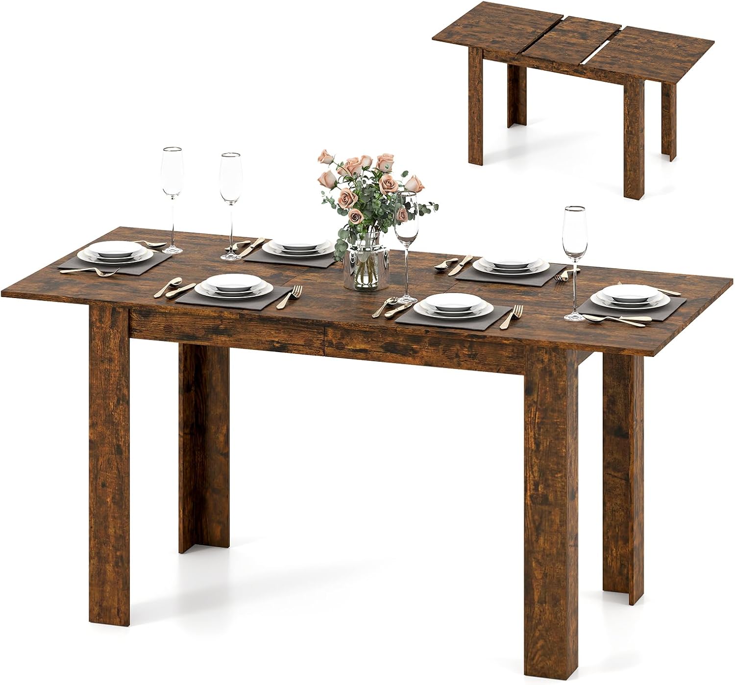 Giantex 47"-62" Extendable Dining Room Table for 4-8, Farmhouse Dining Table with L-Shaped Legs, Large Wood Grain Tabletop, Space-Saving Dinner Tables for Dinette, Kitchen (Rustic Brown)